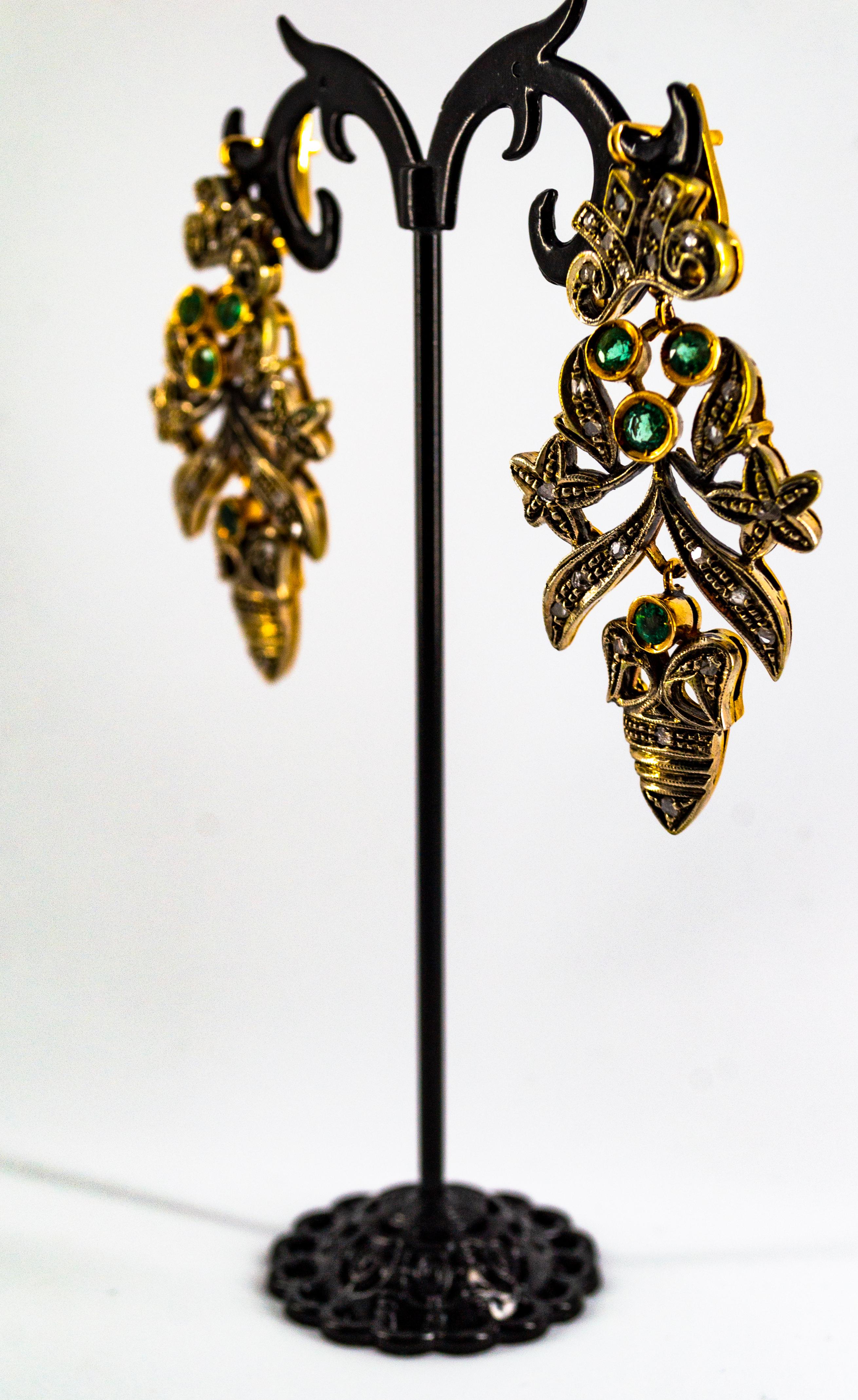 Art Nouveau Style White Diamond Emerald Yellow Gold Lever-Back Earrings In New Condition For Sale In Naples, IT