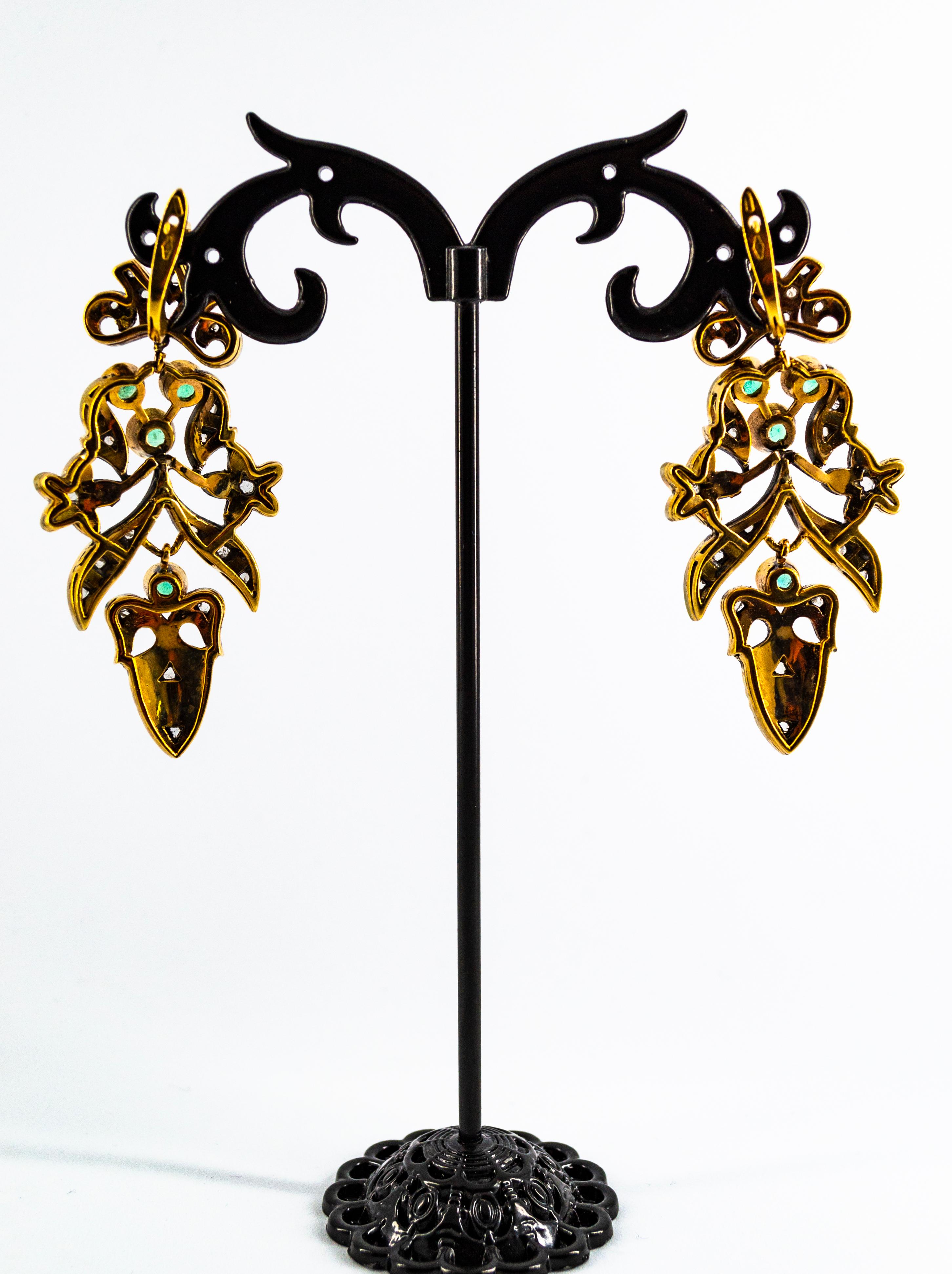Women's or Men's Art Nouveau Style White Diamond Emerald Yellow Gold Lever-Back Earrings For Sale