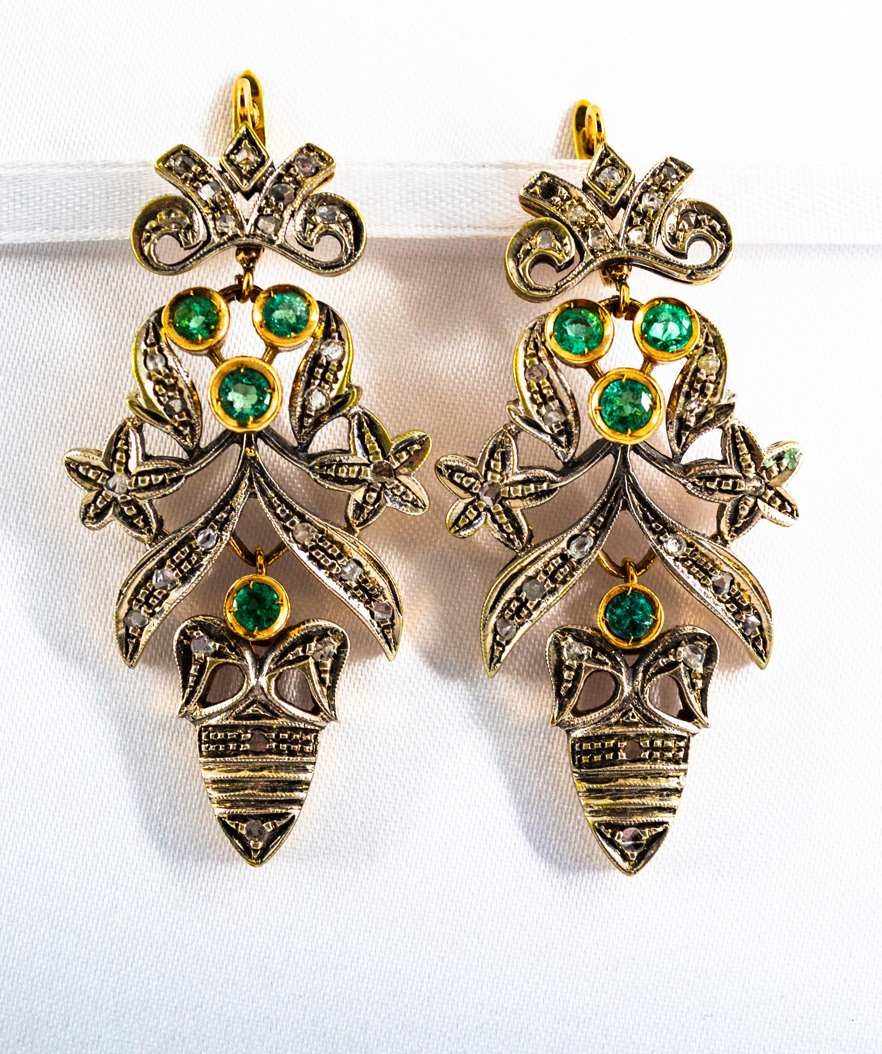 Art Nouveau Style White Diamond Emerald Yellow Gold Lever-Back Earrings For Sale 1