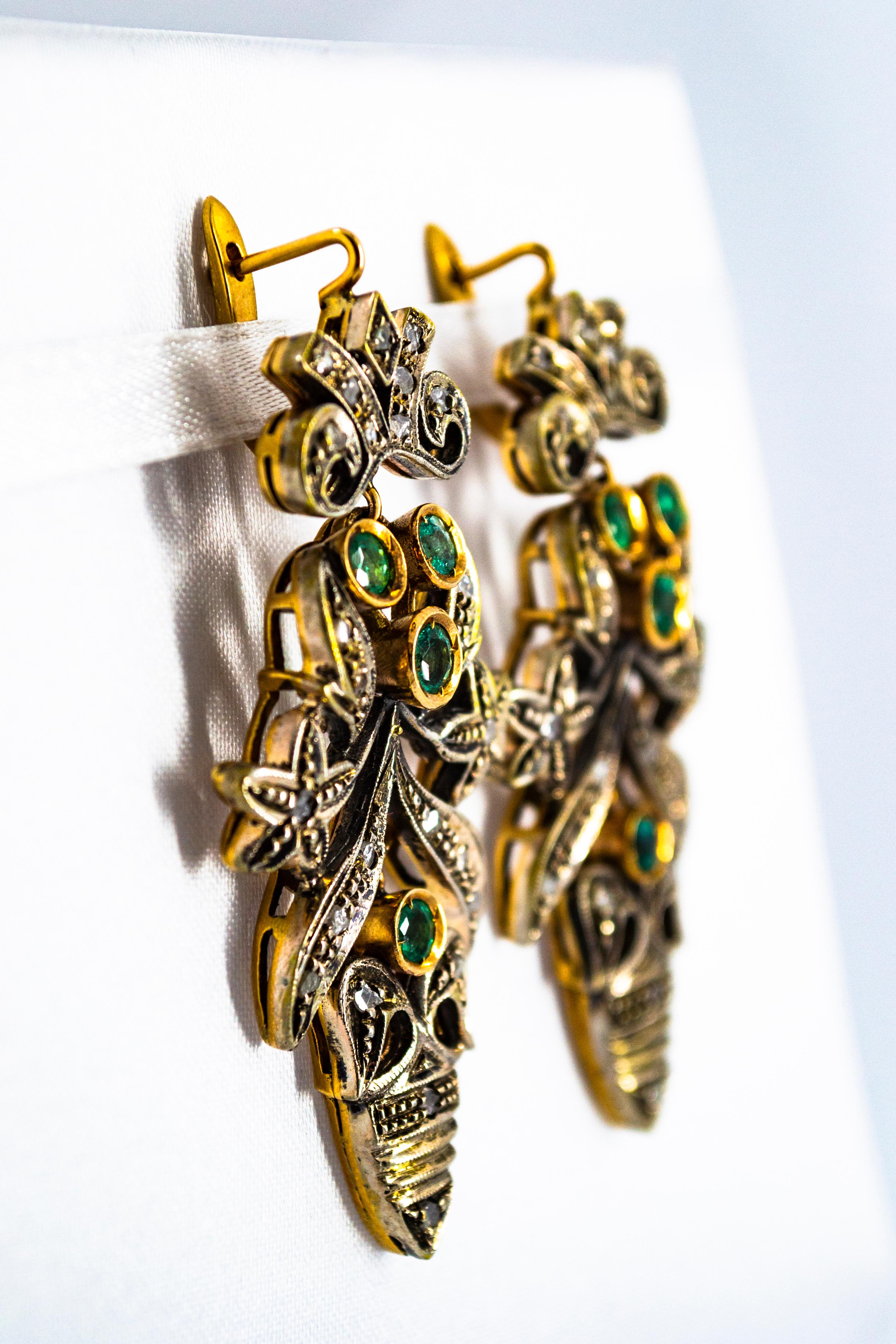 Art Nouveau Style White Diamond Emerald Yellow Gold Lever-Back Earrings For Sale 2