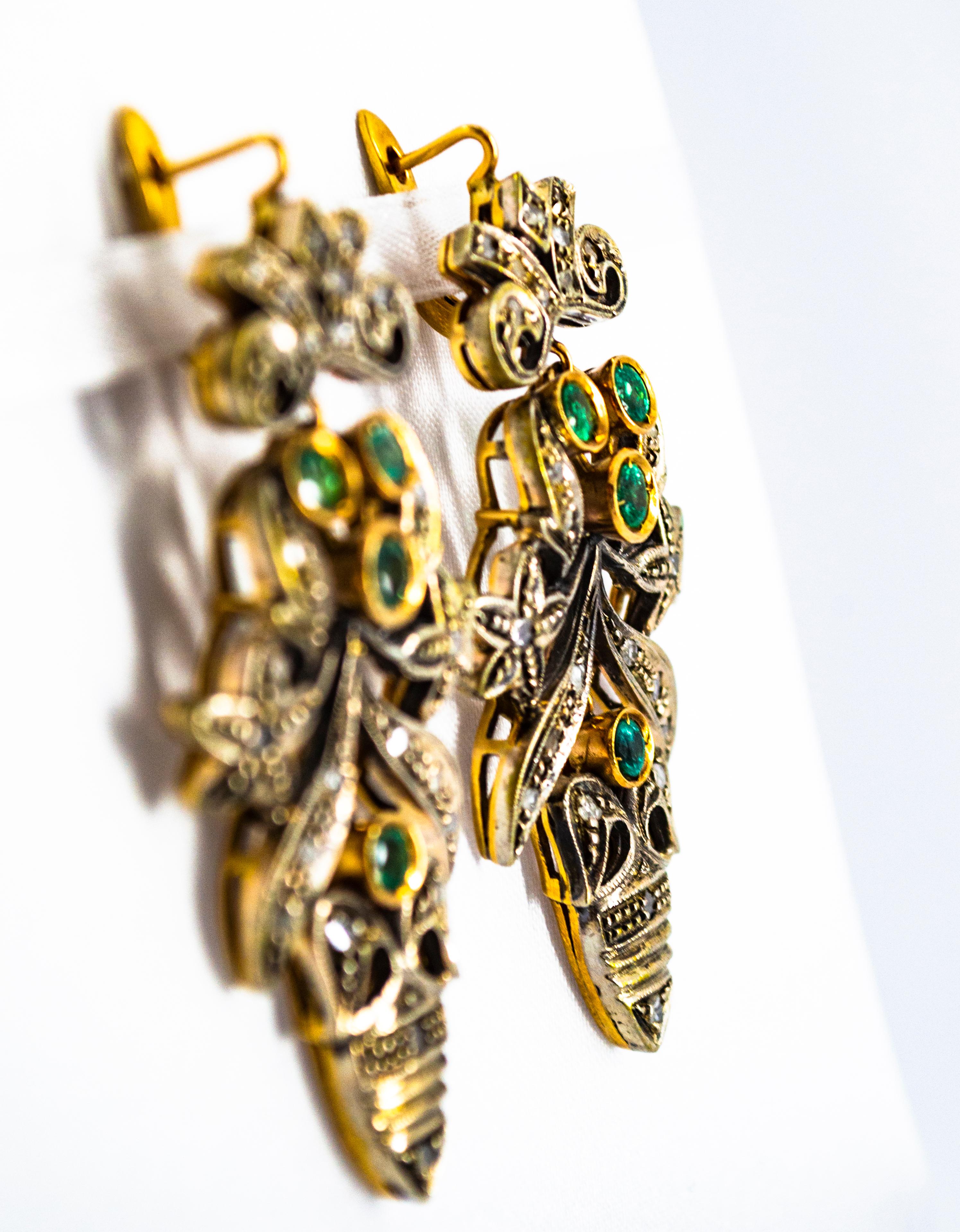Art Nouveau Style White Diamond Emerald Yellow Gold Lever-Back Earrings For Sale 3