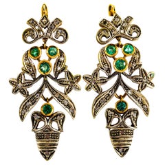 Art Nouveau Style White Diamond Emerald Yellow Gold Lever-Back Earrings