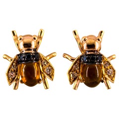 Vintage Art Nouveau 2.24 Carat Diamond Citrine Yellow Gold Stud Dangle "Bees" Earrings