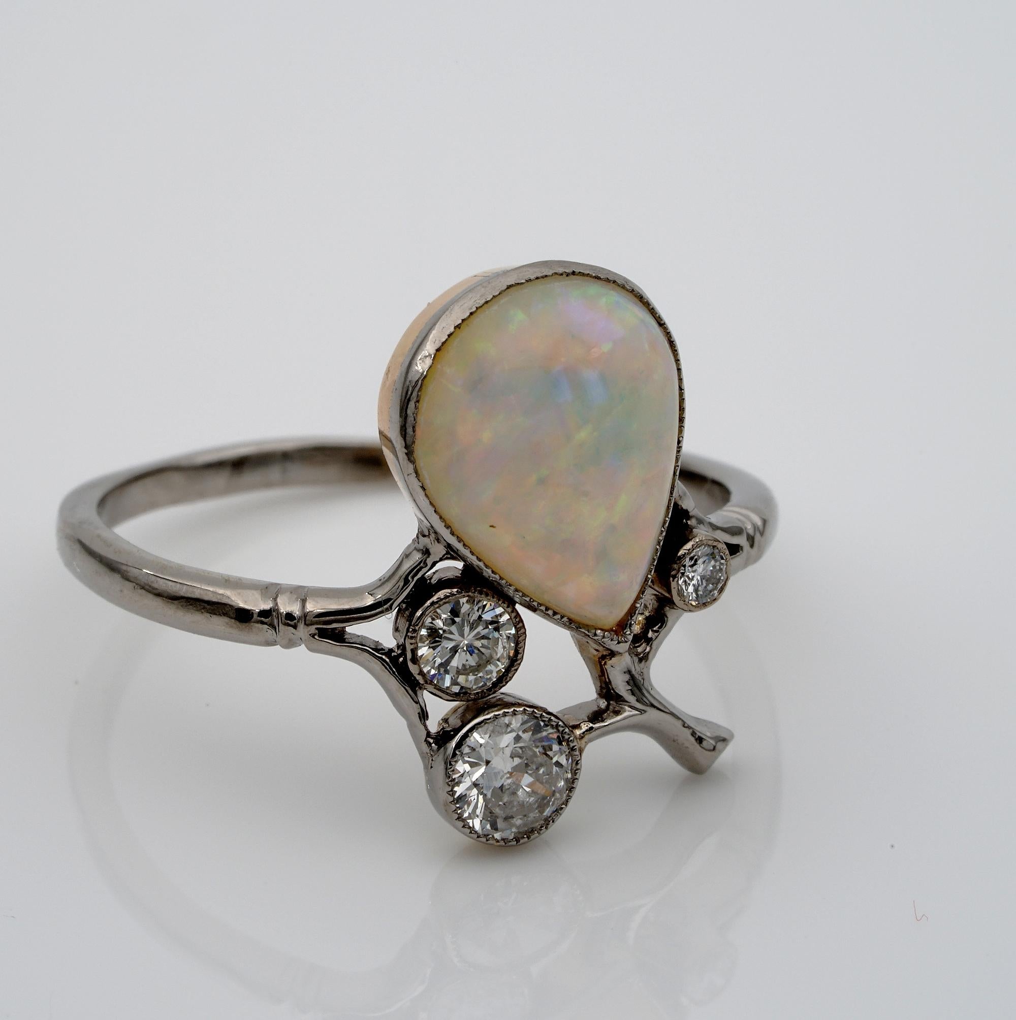 Old European Cut Art Nouveau 2.25 Ct Solid Australian Opal Diamond Tiara Ring For Sale