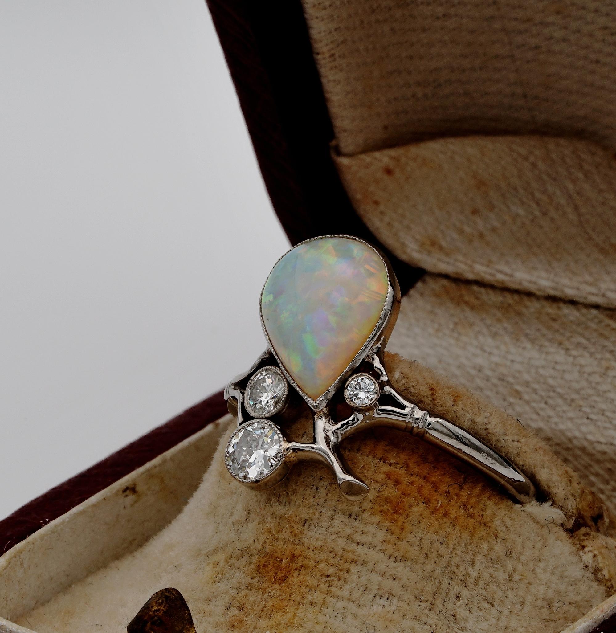 Art Nouveau 2.25 Ct Solid Australian Opal Diamond Tiara Ring For Sale 1