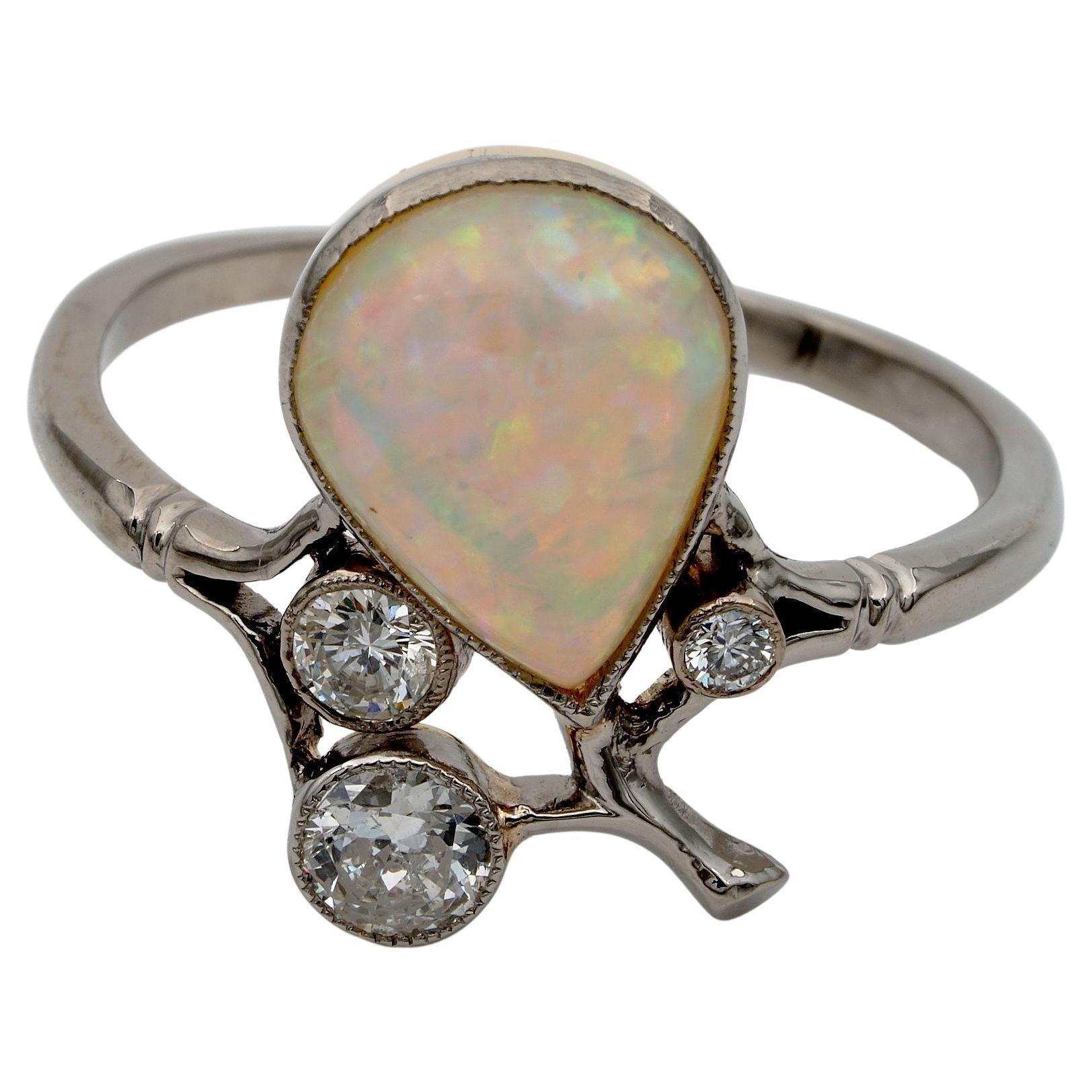 Art Nouveau 2.25 Ct Solid Australian Opal Diamond Tiara Ring For Sale