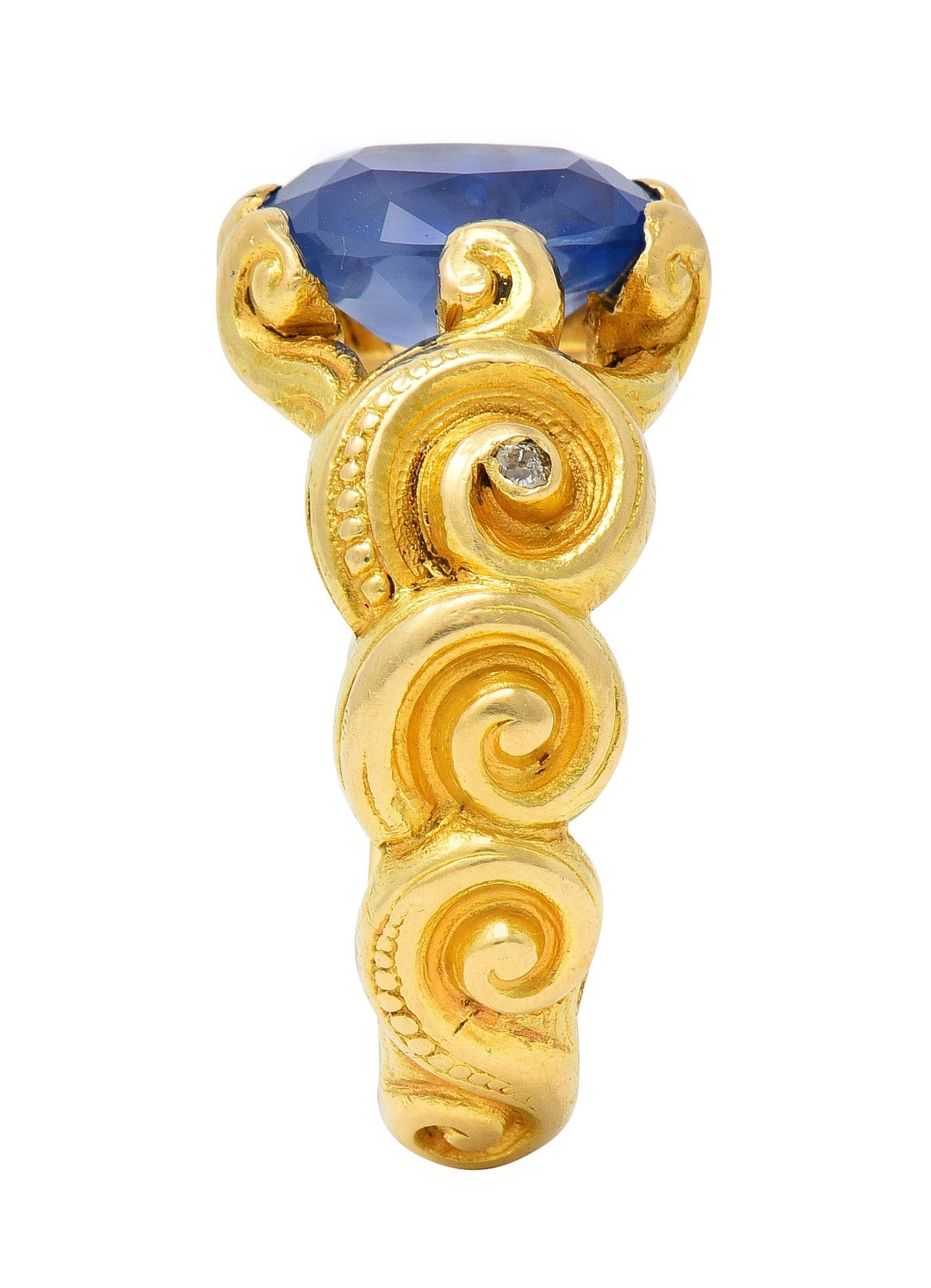 Art Nouveau 2.25 CTW Sapphire Diamond 18 Karat Yellow Gold Antique Swirl Ring For Sale 5