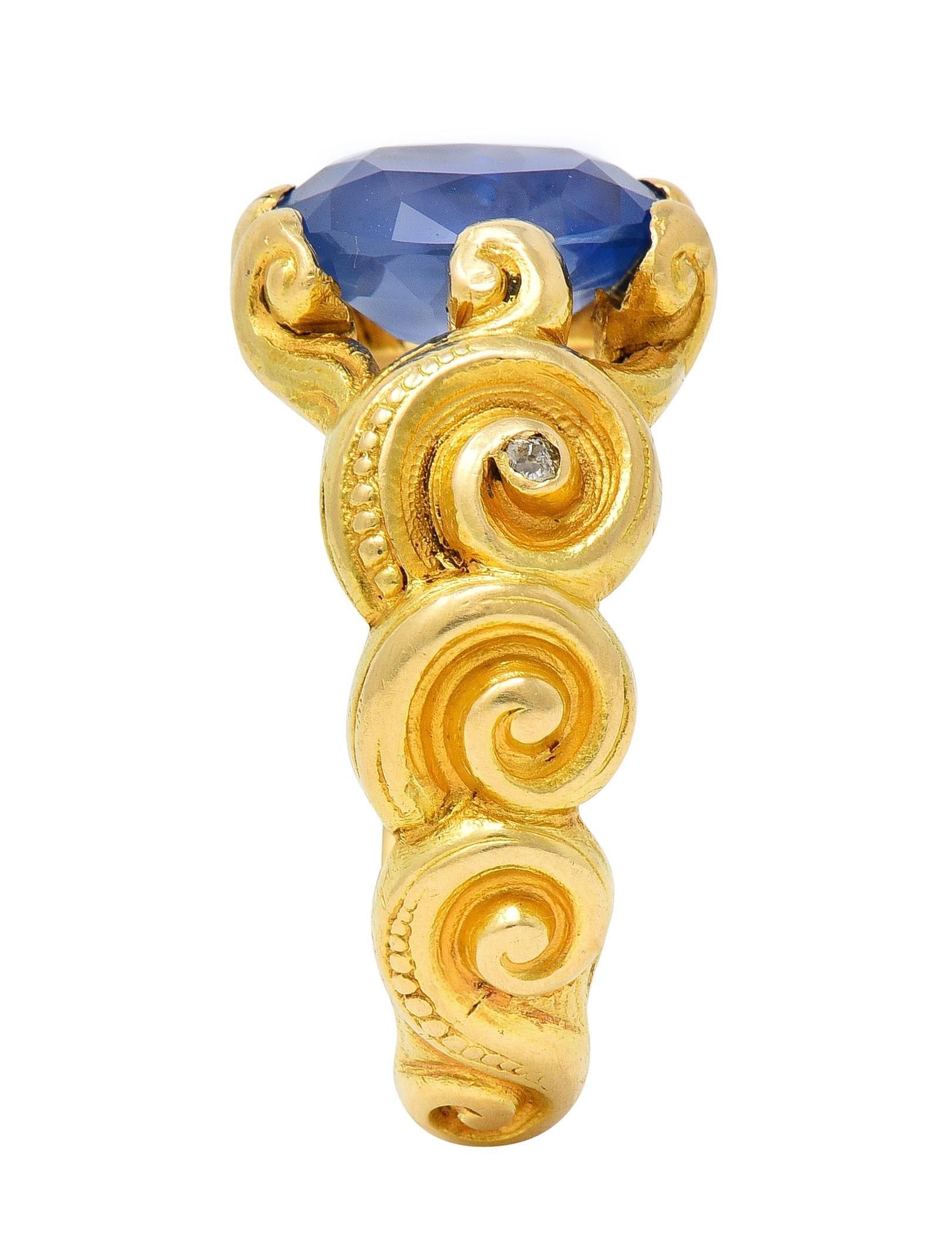 Art Nouveau 2.25 CTW Sapphire Diamond 18 Karat Yellow Gold Antique Swirl Ring For Sale 7
