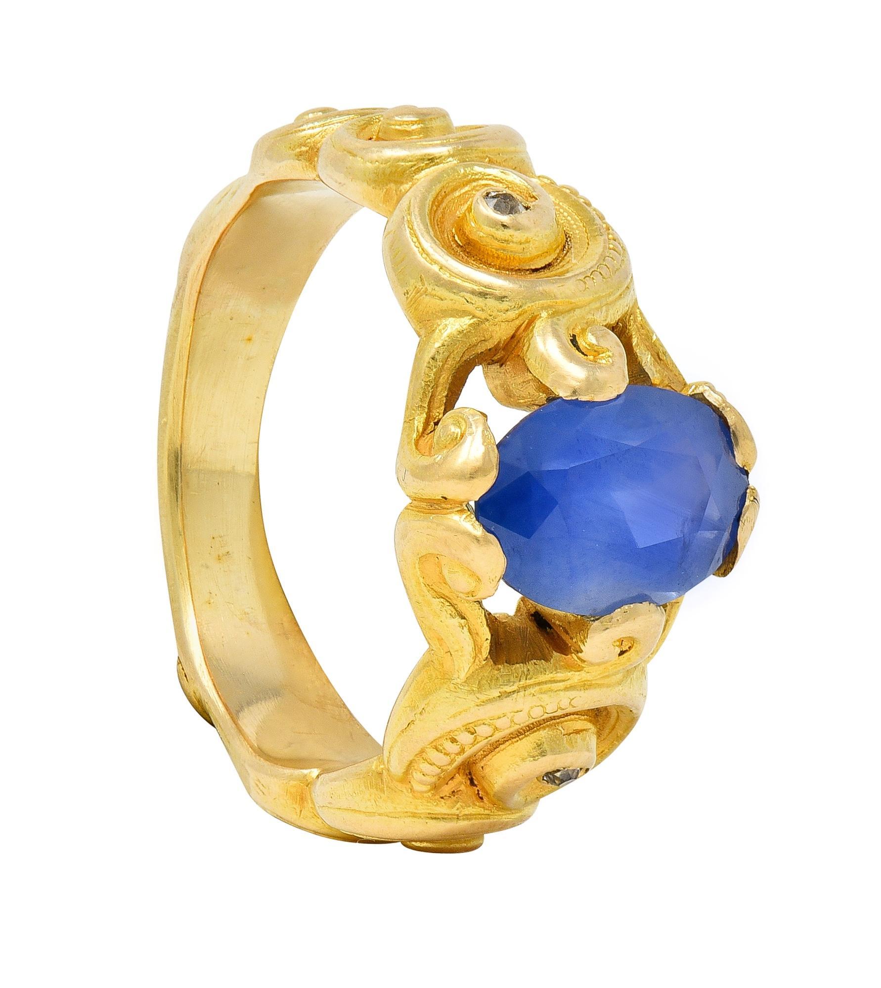 Art Nouveau 2.25 CTW Sapphire Diamond 18 Karat Yellow Gold Antique Swirl Ring For Sale 8
