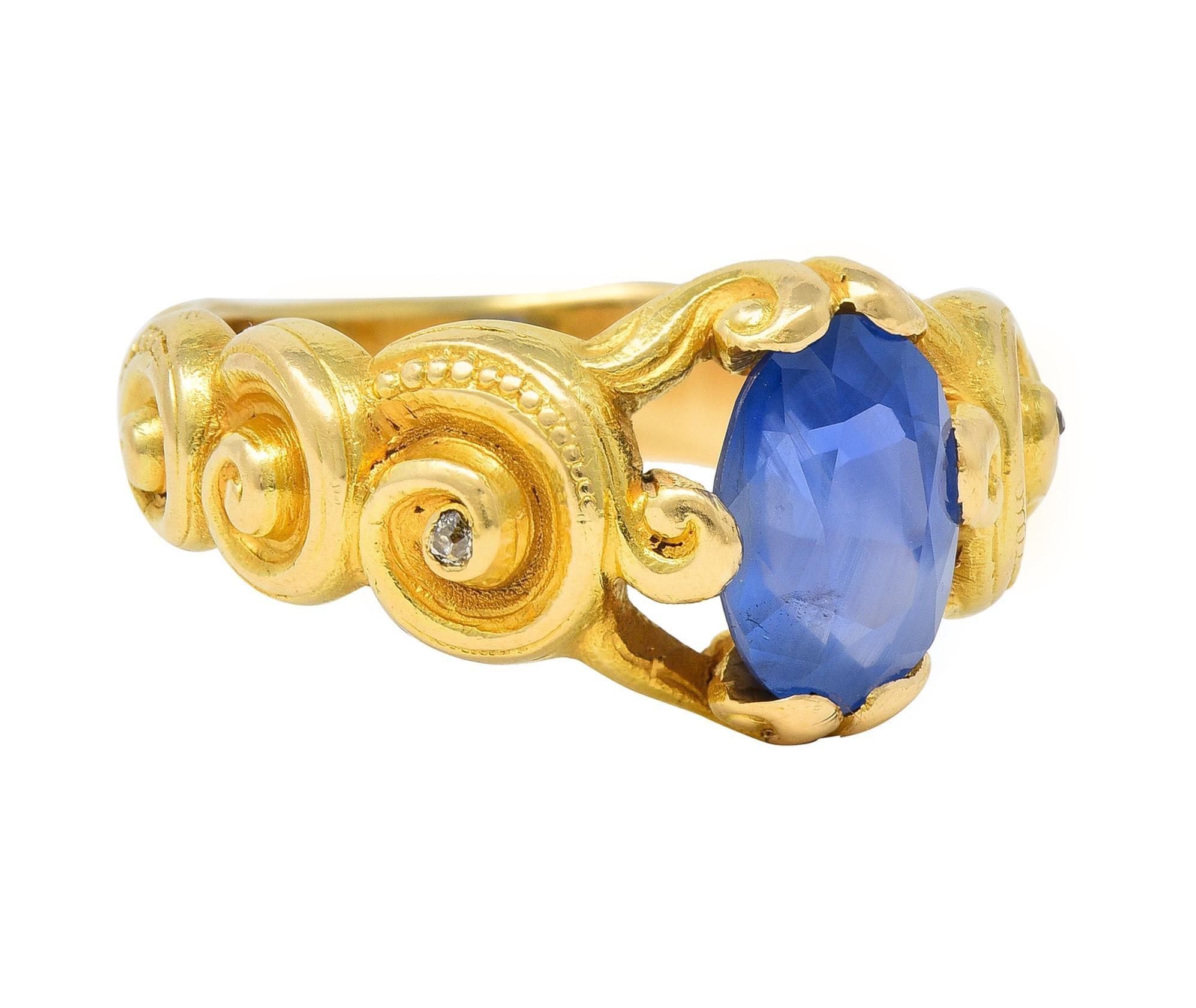 Oval Cut Art Nouveau 2.25 CTW Sapphire Diamond 18 Karat Yellow Gold Antique Swirl Ring For Sale