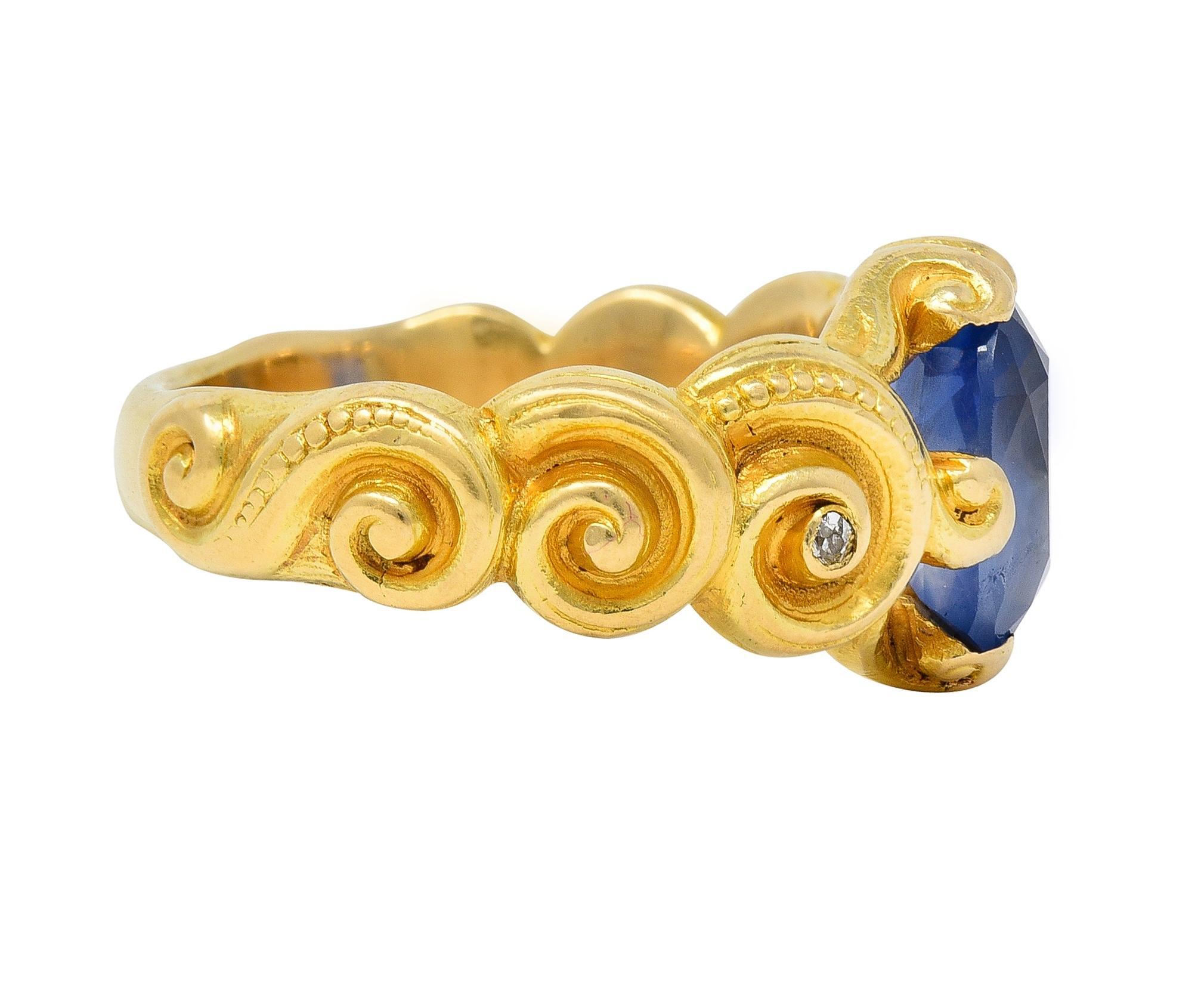 Art Nouveau 2.25 CTW Sapphire Diamond 18 Karat Yellow Gold Antique Swirl Ring In Excellent Condition For Sale In Philadelphia, PA