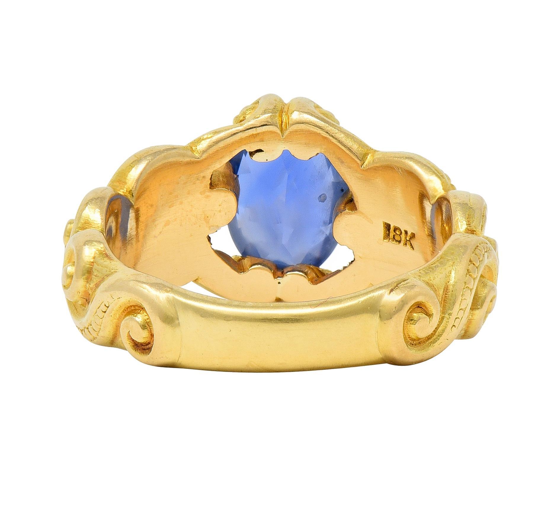 Women's or Men's Art Nouveau 2.25 CTW Sapphire Diamond 18 Karat Yellow Gold Antique Swirl Ring For Sale