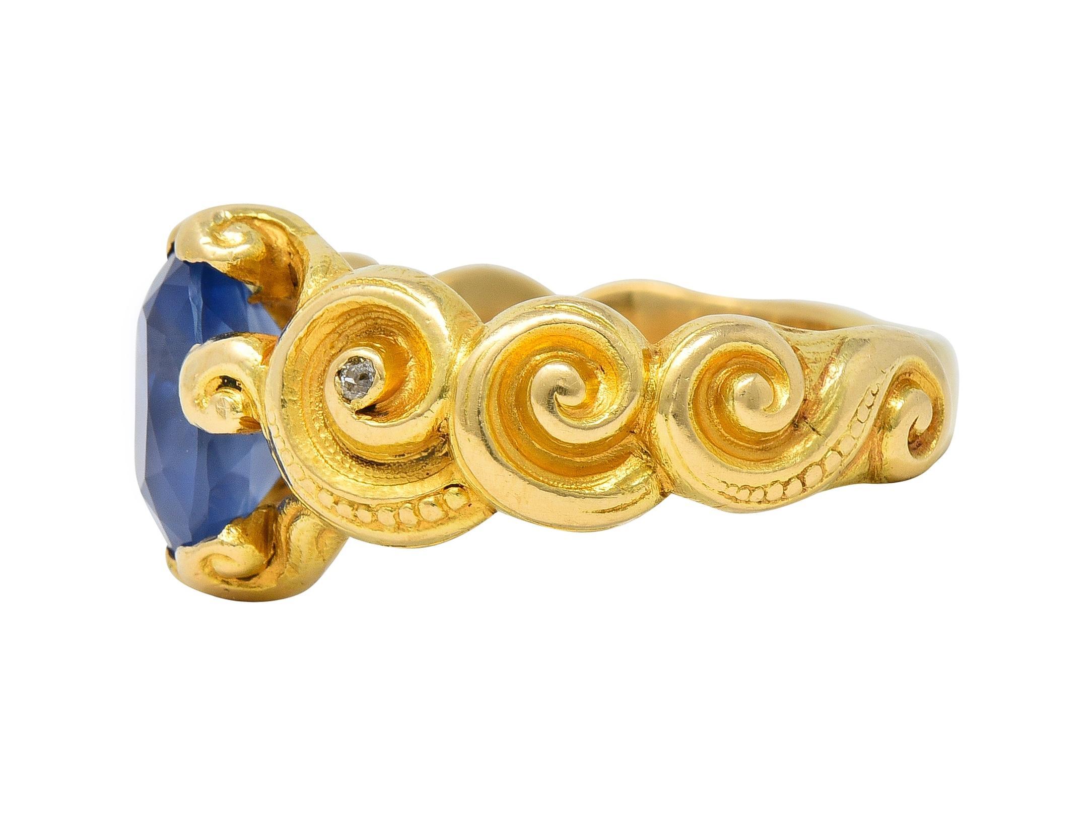 Art Nouveau 2.25 CTW Sapphire Diamond 18 Karat Yellow Gold Antique Swirl Ring For Sale 1