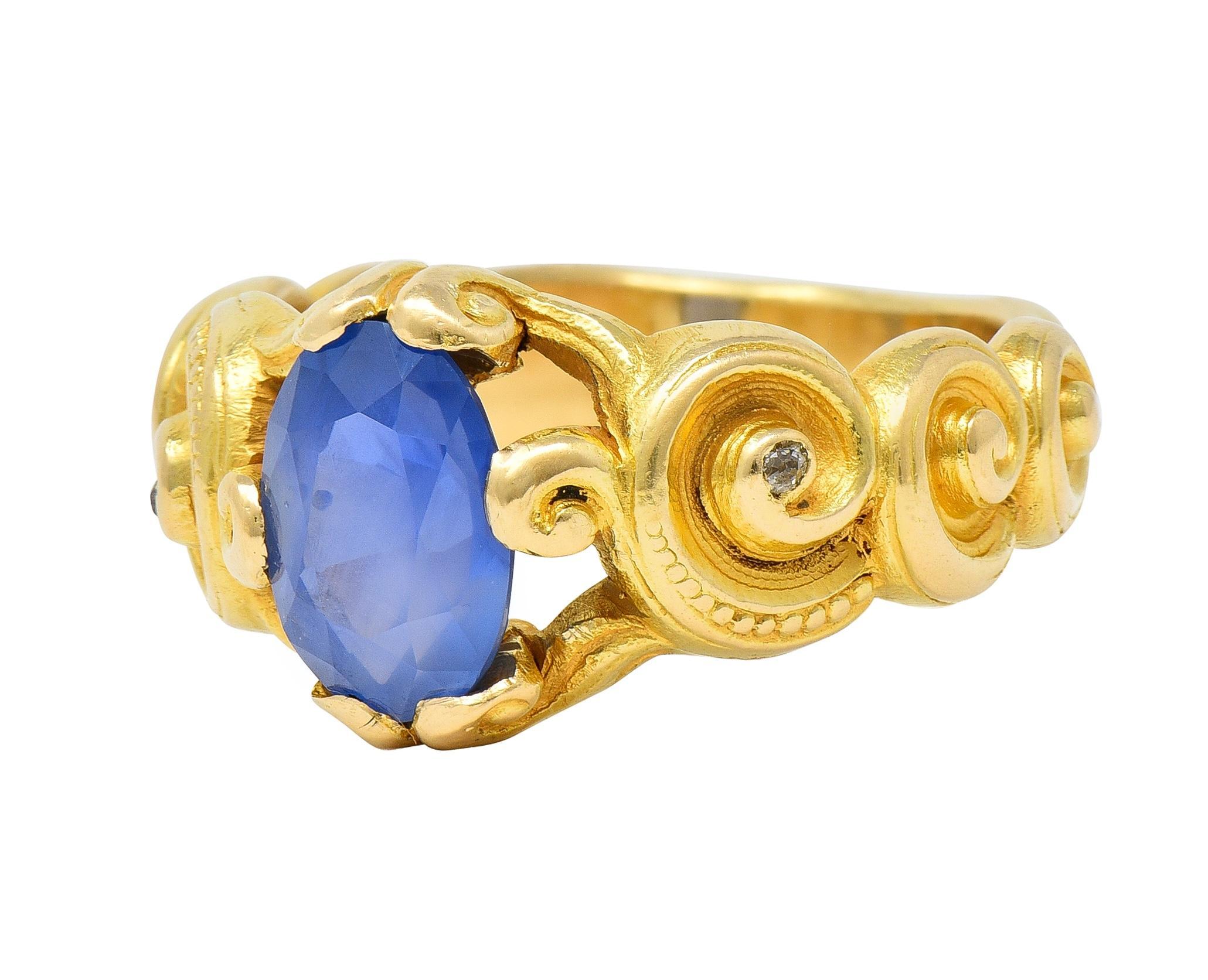 Art Nouveau 2.25 CTW Sapphire Diamond 18 Karat Yellow Gold Antique Swirl Ring For Sale 2
