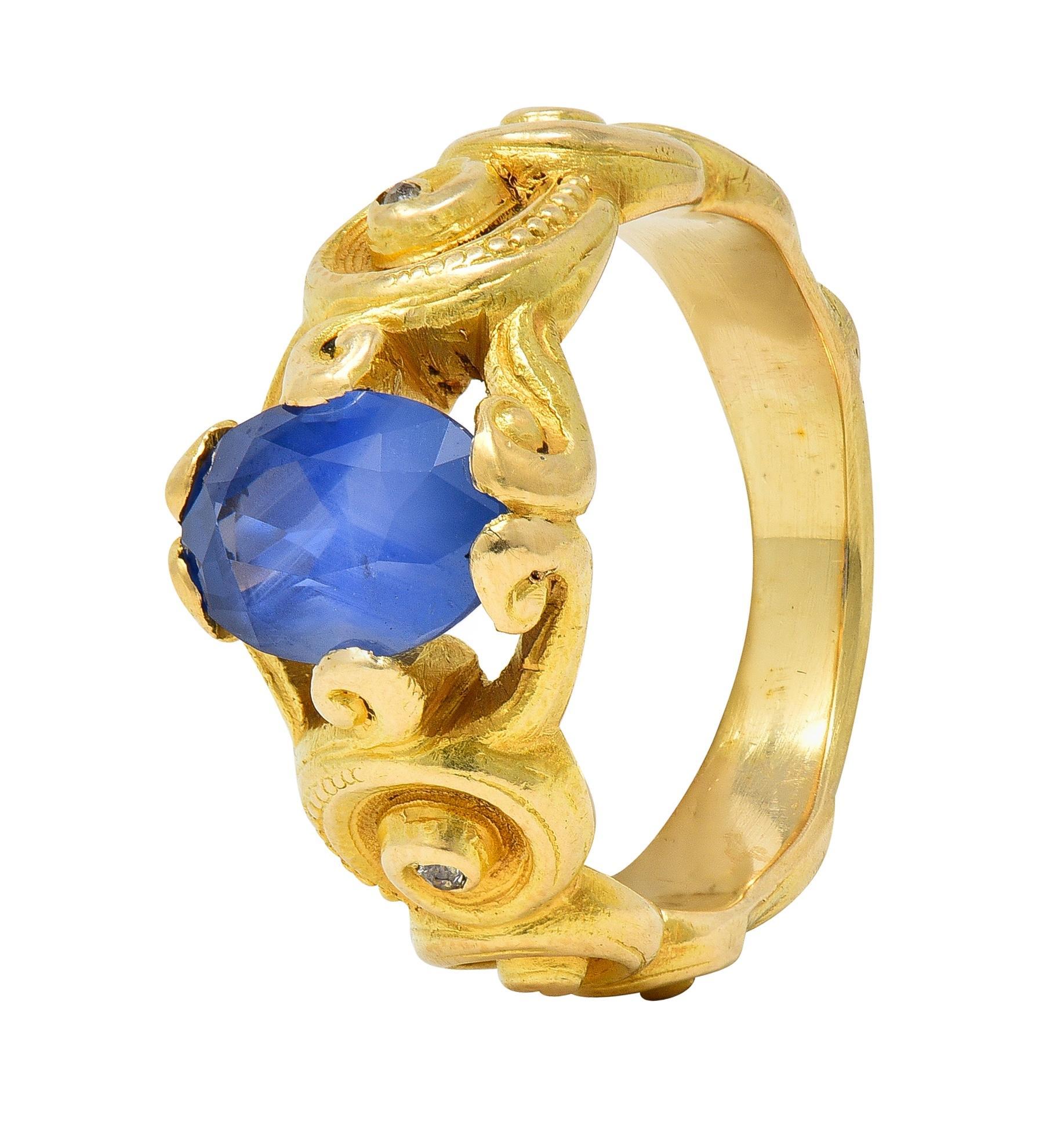 Art Nouveau 2.25 CTW Sapphire Diamond 18 Karat Yellow Gold Antique Swirl Ring For Sale 4