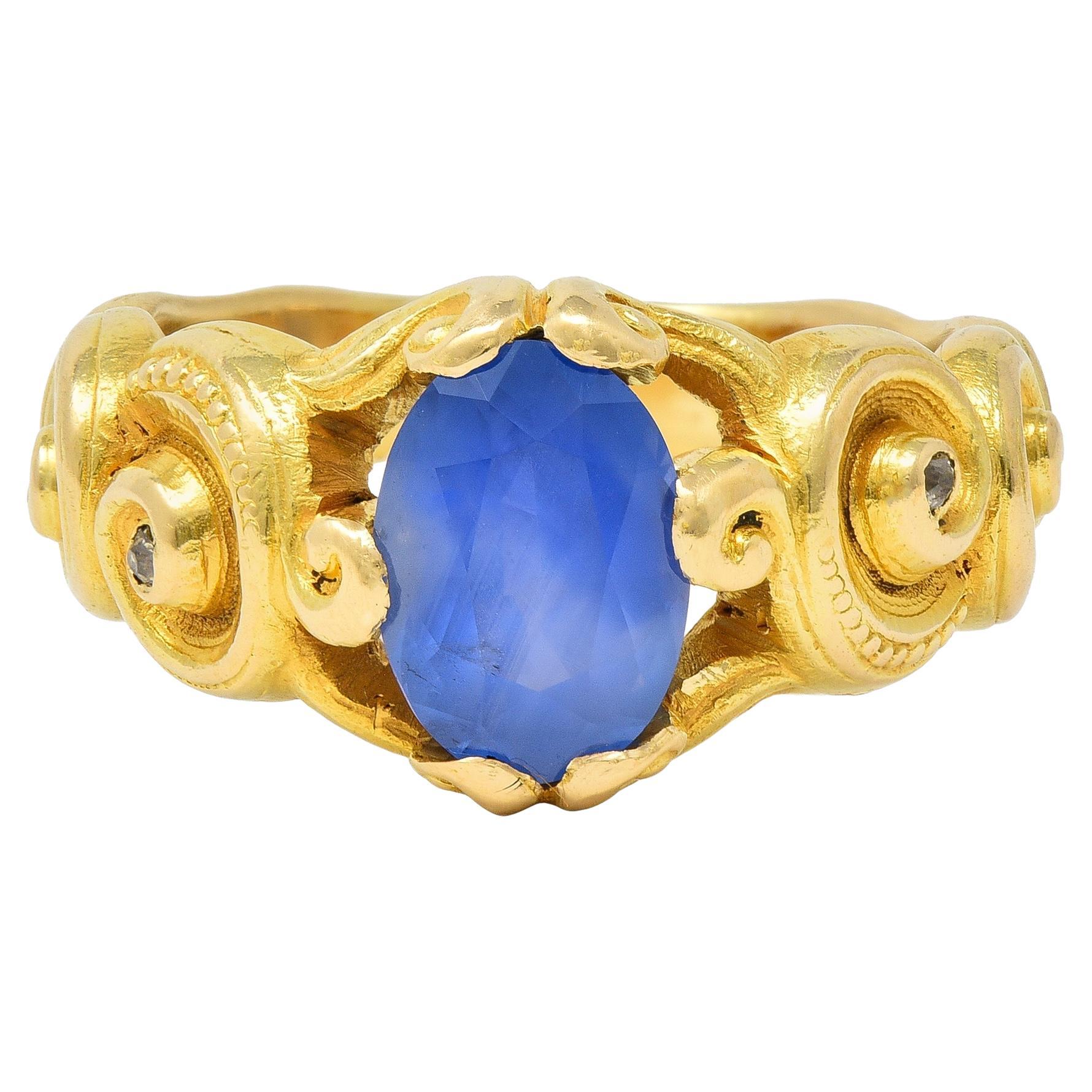 Art Nouveau 2.25 CTW Sapphire Diamond 18 Karat Yellow Gold Antique Swirl Ring For Sale