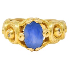 Art Nouveau 2.25 CTW Sapphire Diamond 18 Karat Yellow Gold Antique Swirl Ring