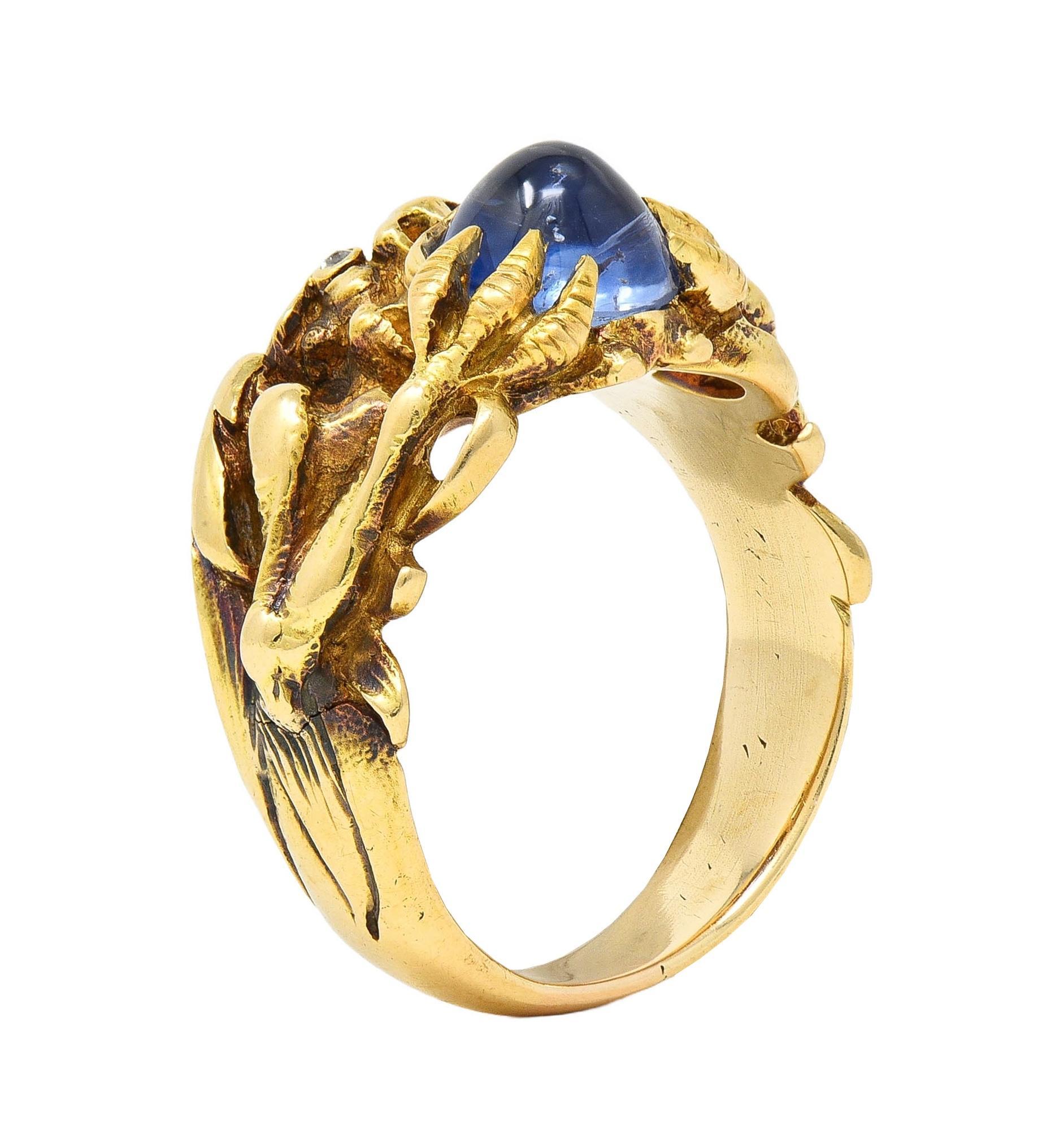 Art Nouveau 2.37 CTW Sapphire Cabochon Diamond 14K Gold Antique Gargoyle Ring 6