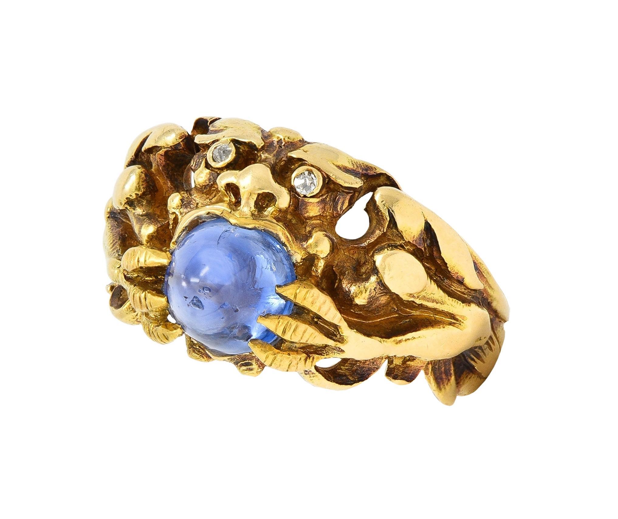 Art Nouveau 2.37 CTW Sapphire Cabochon Diamond 14K Gold Antique Gargoyle Ring 7
