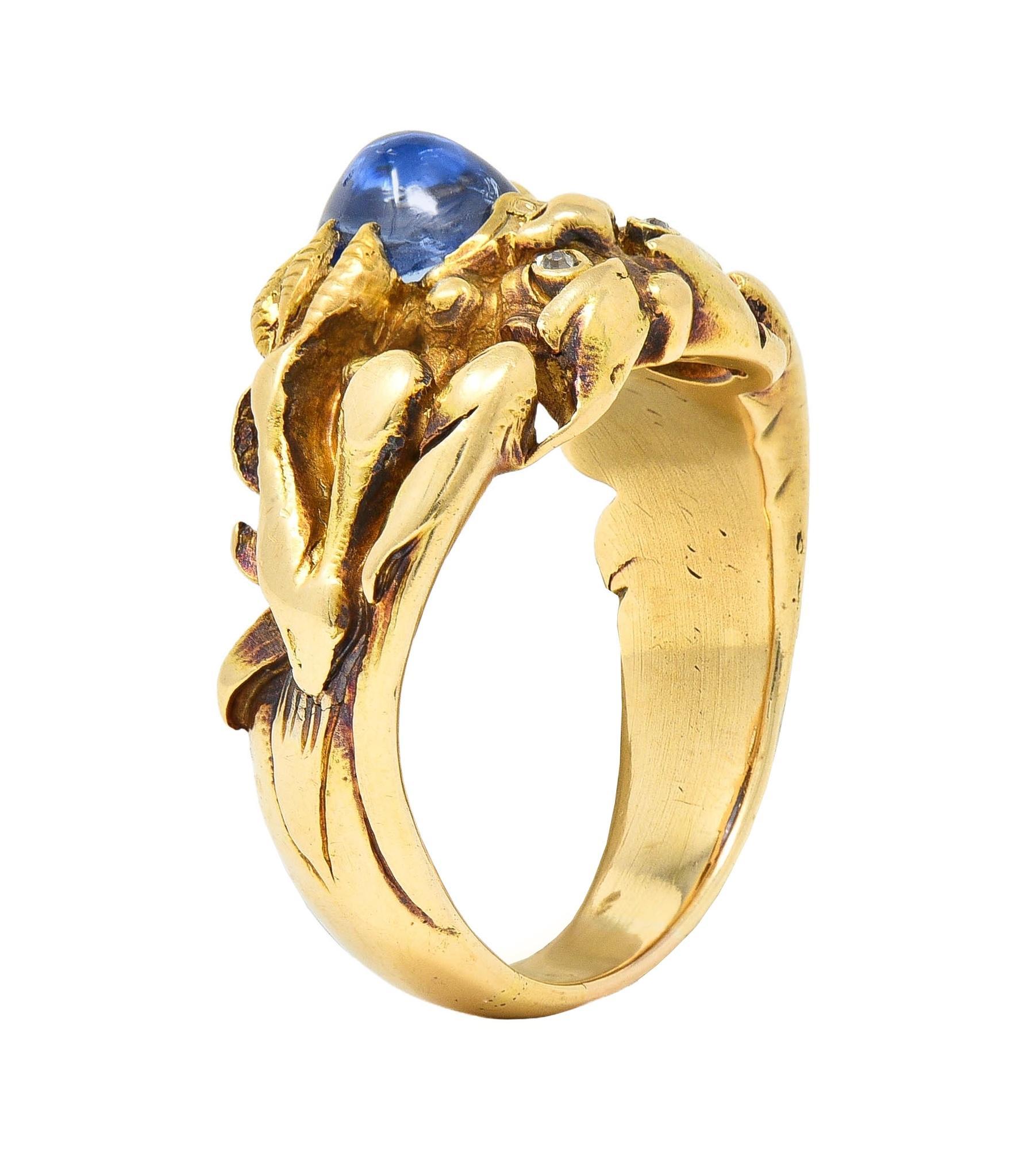 Art Nouveau 2.37 CTW Sapphire Cabochon Diamond 14K Gold Antique Gargoyle Ring 8
