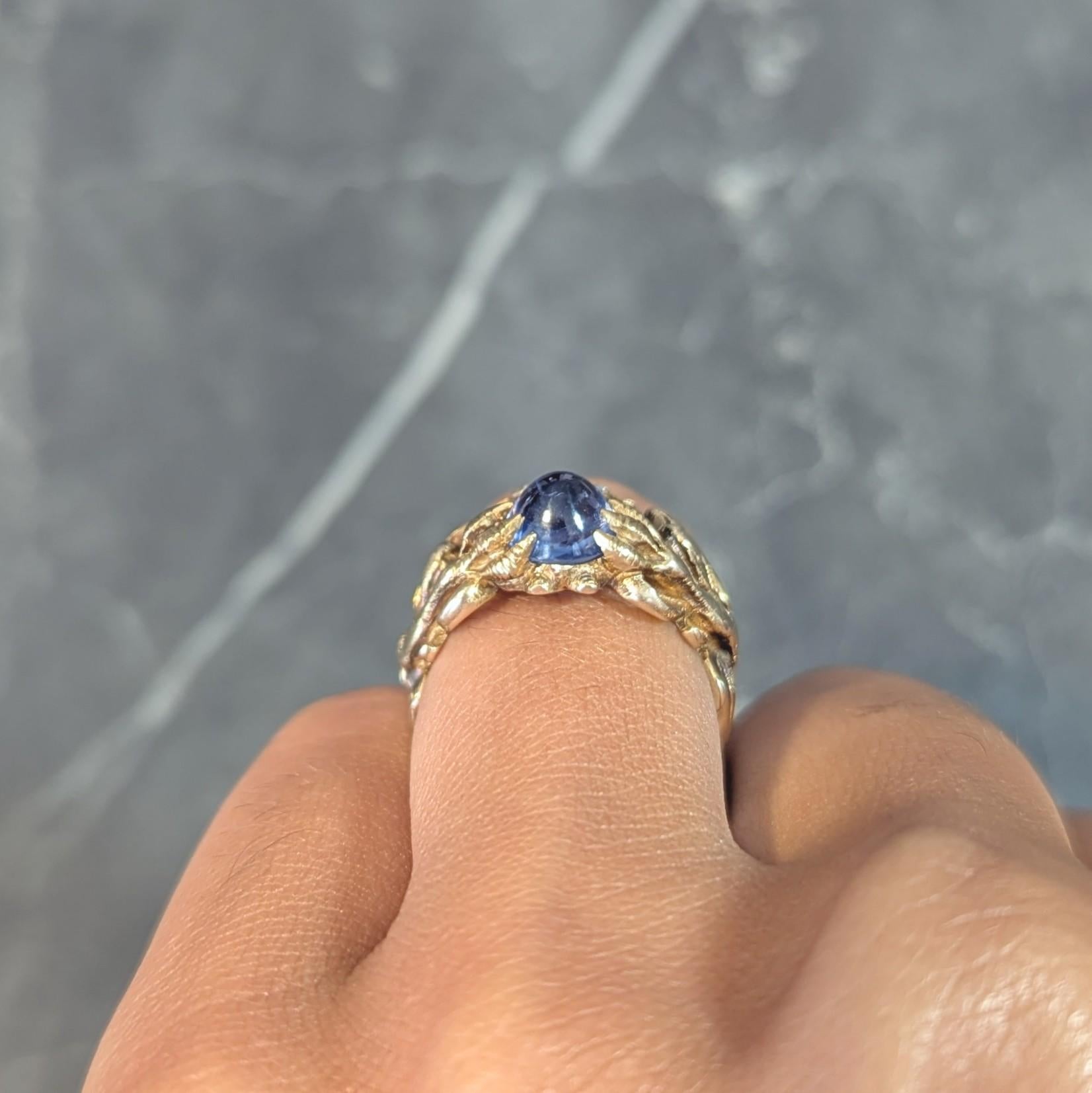 Art Nouveau 2.37 CTW Sapphire Cabochon Diamond 14K Gold Antique Gargoyle Ring 9
