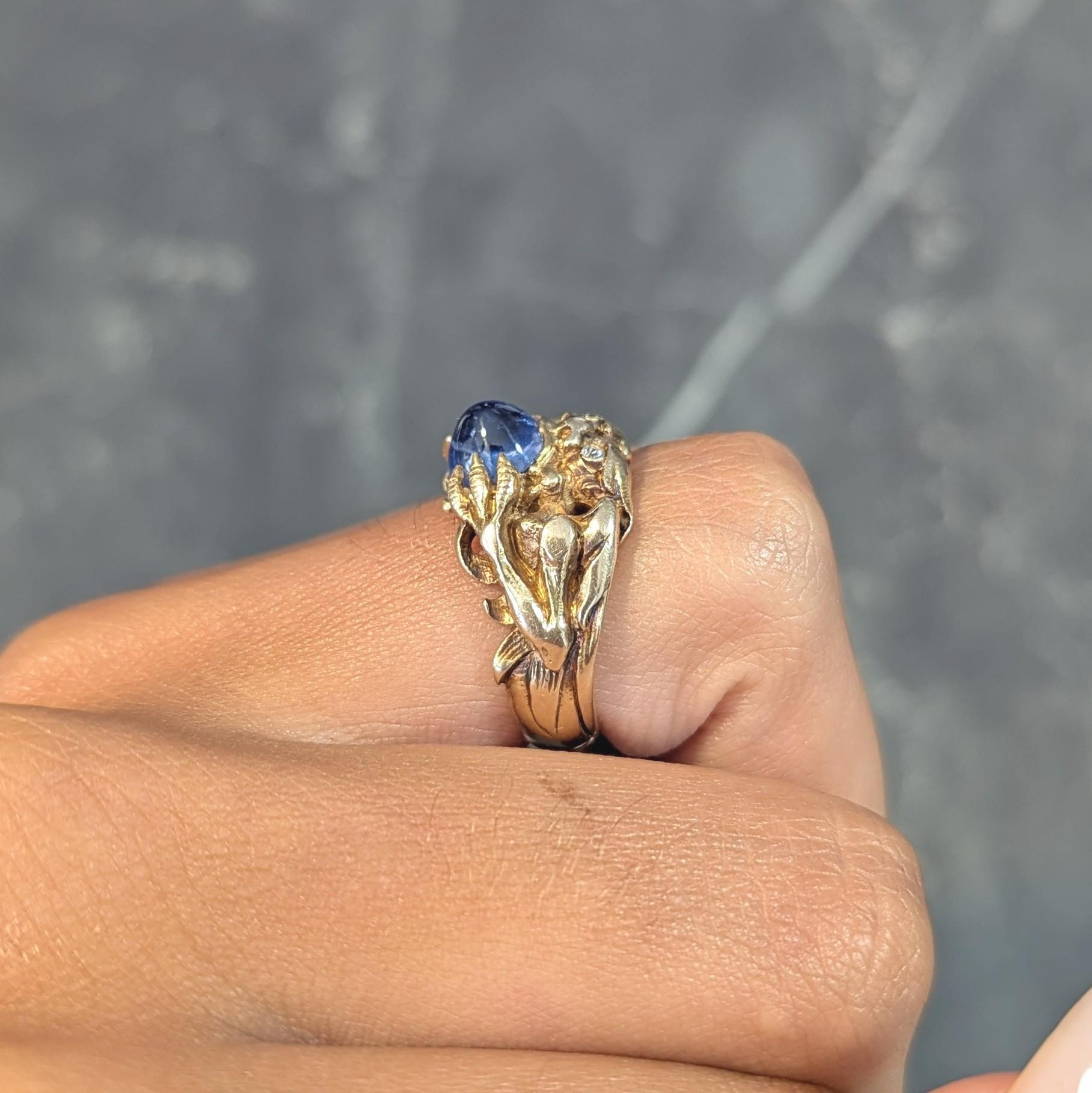 Art Nouveau 2.37 CTW Sapphire Cabochon Diamond 14K Gold Antique Gargoyle Ring 10