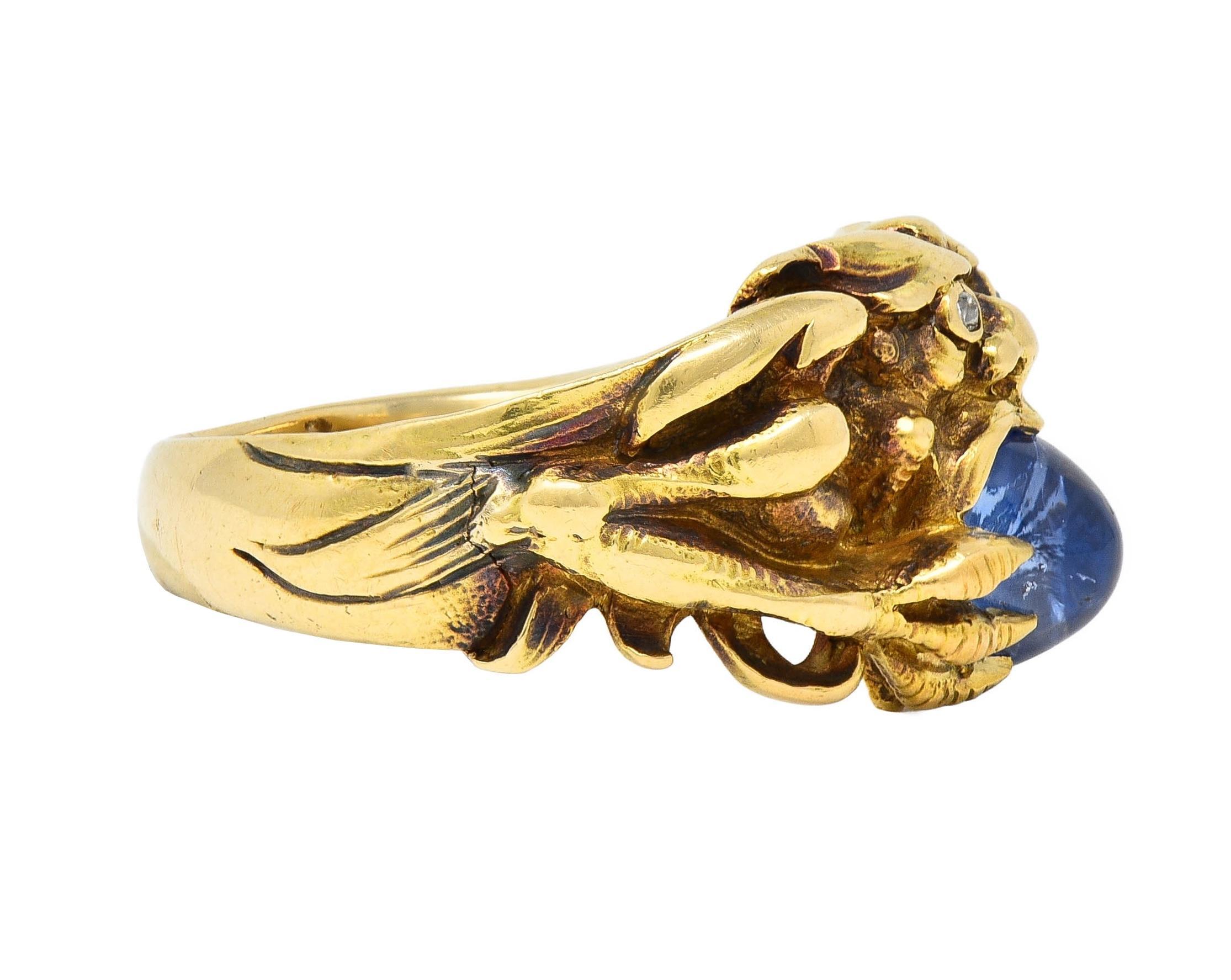 Women's or Men's Art Nouveau 2.37 CTW Sapphire Cabochon Diamond 14K Gold Antique Gargoyle Ring