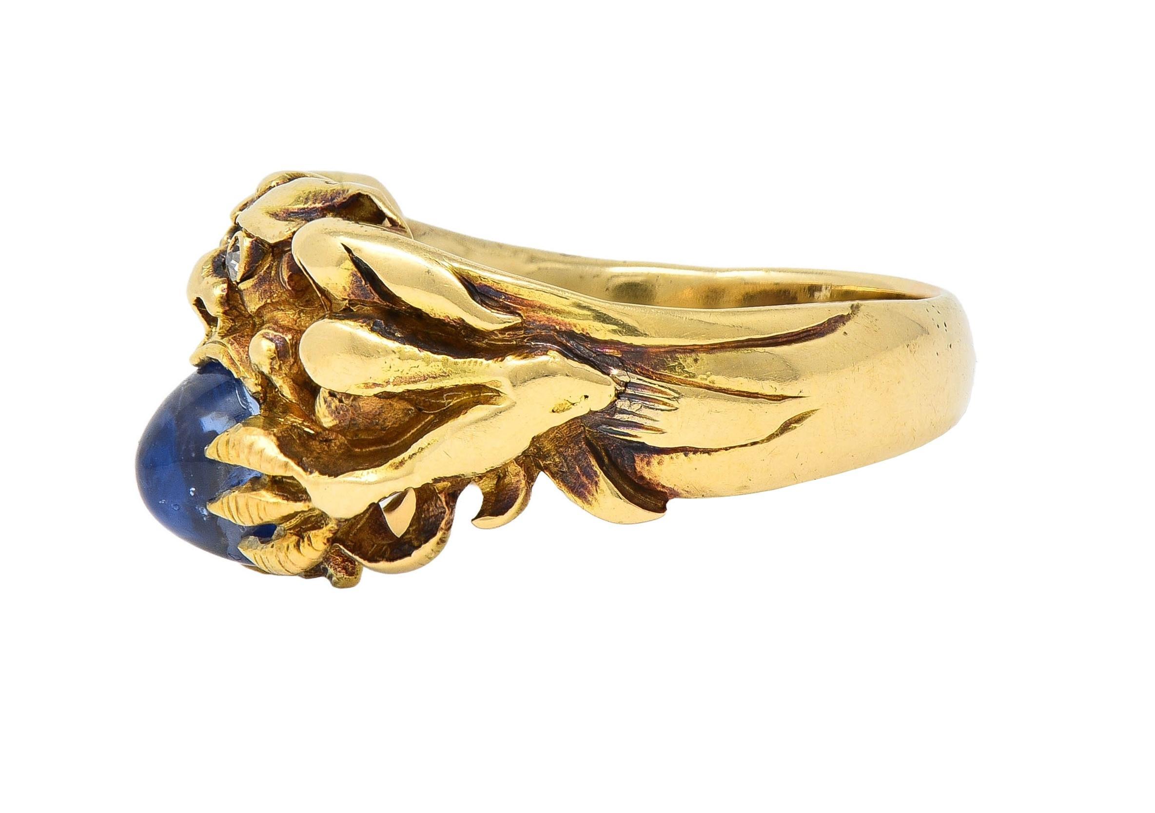 Art Nouveau 2.37 CTW Sapphire Cabochon Diamond 14K Gold Antique Gargoyle Ring 2