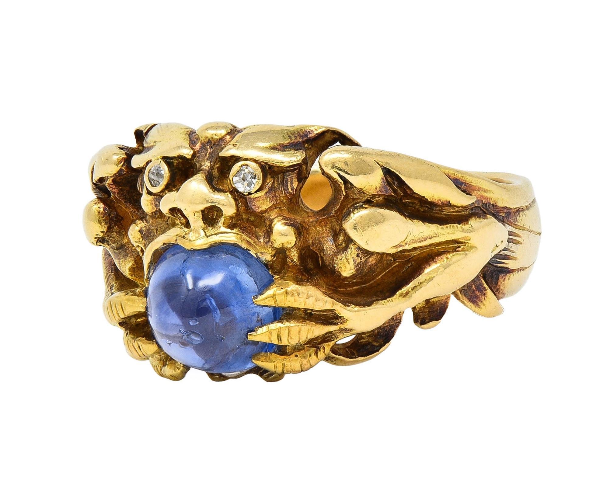 Art Nouveau 2.37 CTW Sapphire Cabochon Diamond 14K Gold Antique Gargoyle Ring 3