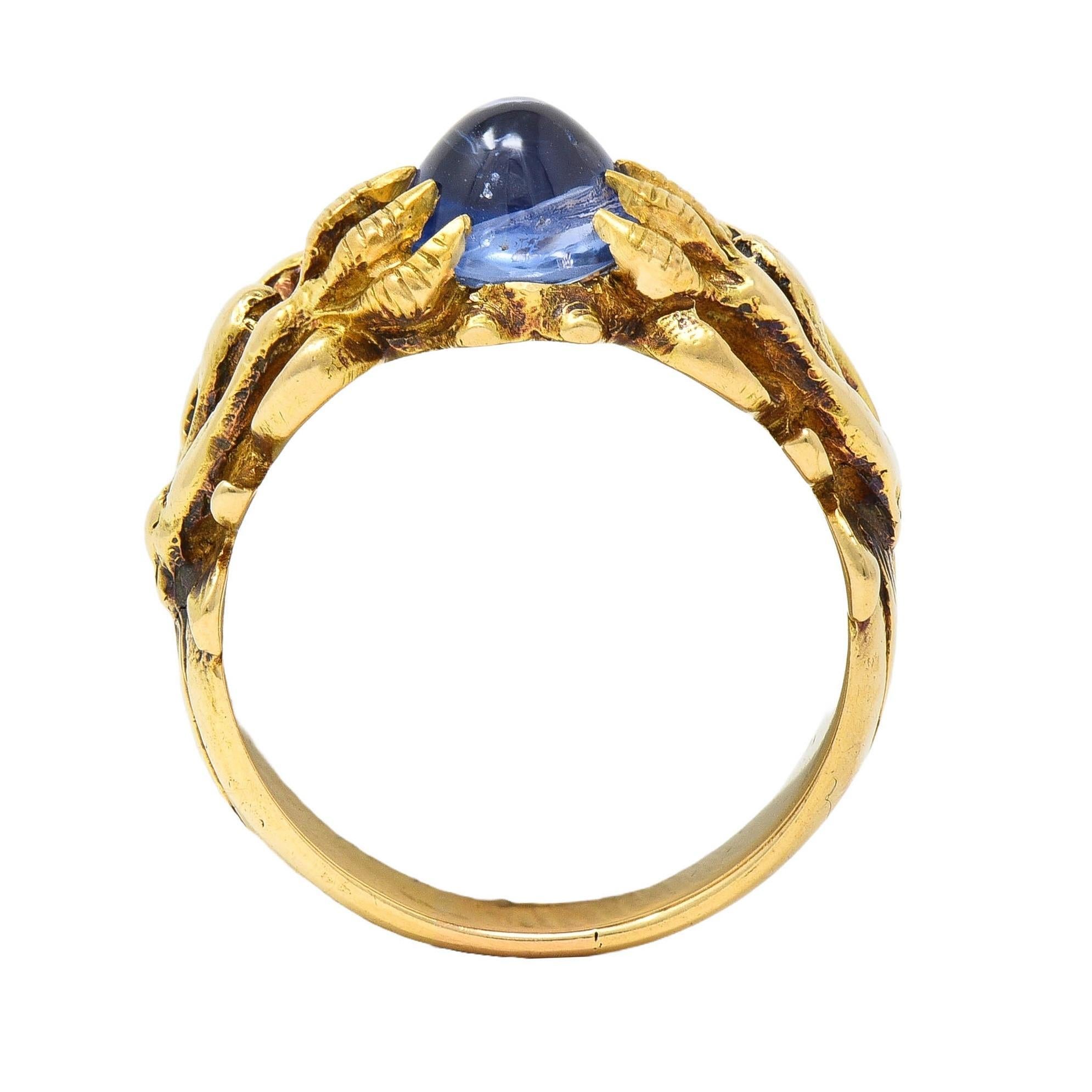 Art Nouveau 2.37 CTW Sapphire Cabochon Diamond 14K Gold Antique Gargoyle Ring 4