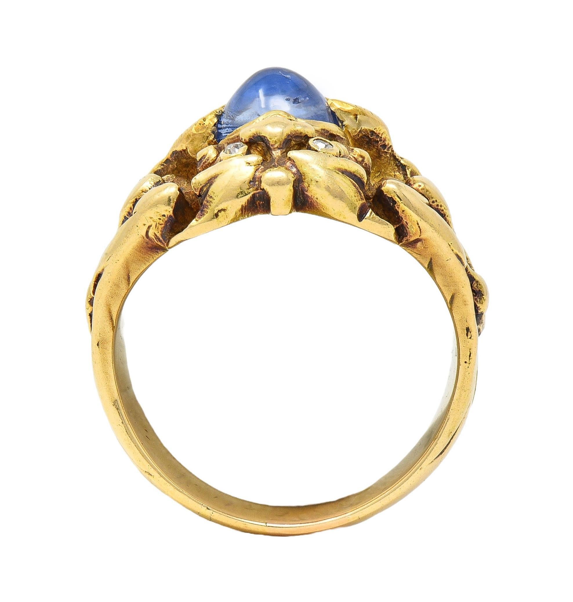 Art Nouveau 2.37 CTW Sapphire Cabochon Diamond 14K Gold Antique Gargoyle Ring 5