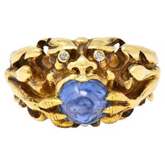 Art Nouveau 2.37 CTW Sapphire Cabochon Diamond 14K Gold Antique Gargoyle Ring