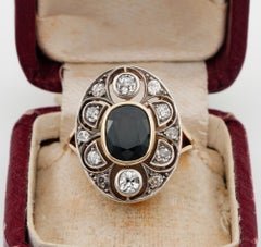 Art Nouveau 2.40 Ct Natural Sapphire 1.20 Ct Old Mine Diamond Ring