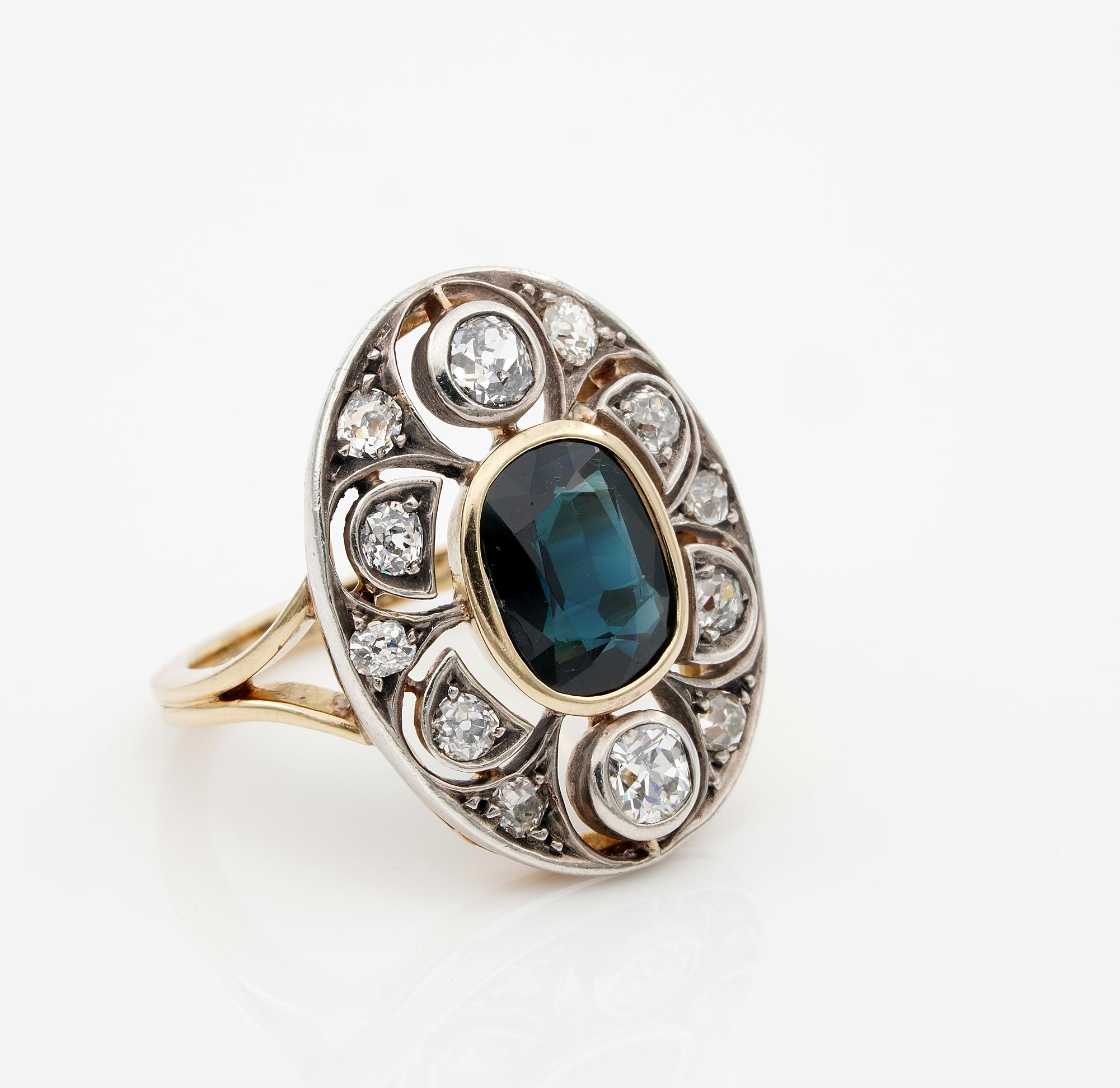 Art nouveau Bague Art Nouveau 2.40 Ct Natural Sapphire 1.20 Ct Old Mine Diamond Ring en vente