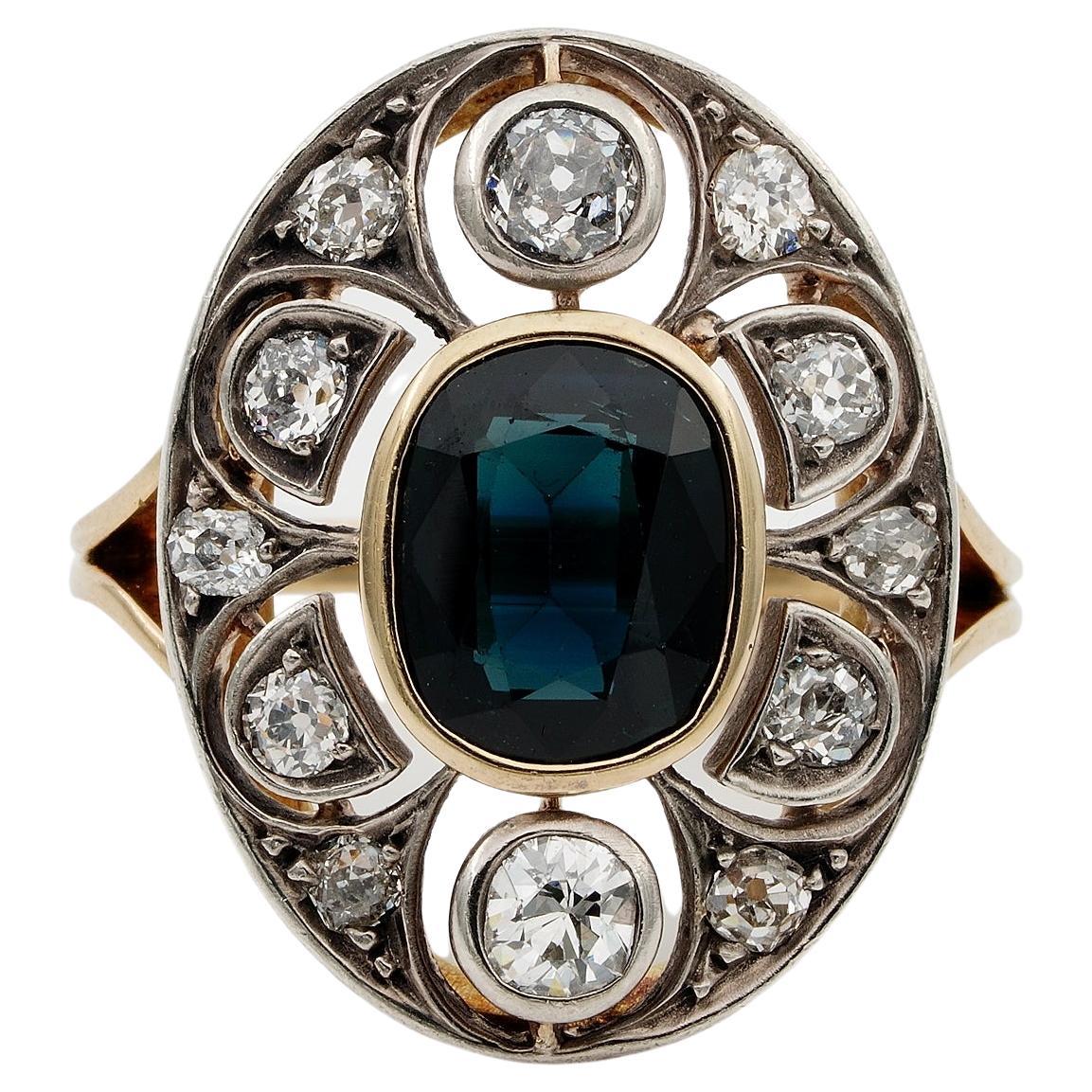 Art Nouveau 2.40 Ct Natural Sapphire 1.20 Ct Old Mine Diamond Ring For Sale