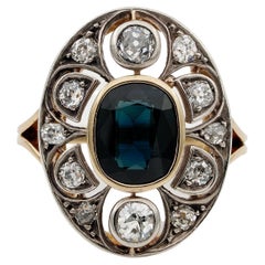 Art Nouveau 2.40 Ct Natural Sapphire 1.20 Ct Old Mine Diamond Ring