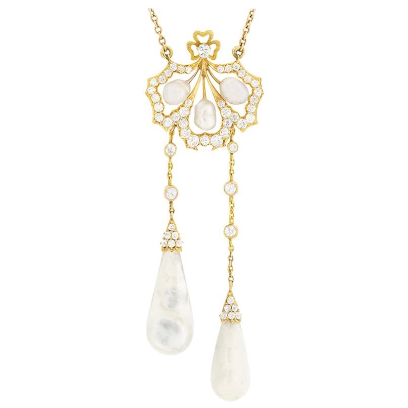 Art Nouveau 2.50 Carat Diamond and Pearl Drop Necklace, circa 1880s