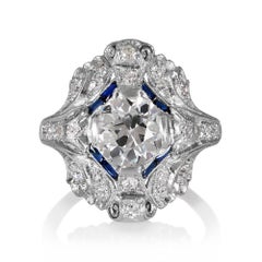 Art Nouveau 2.50ctw GIA Old European Cut Diamond and Blue Sapphire Platinum Ring