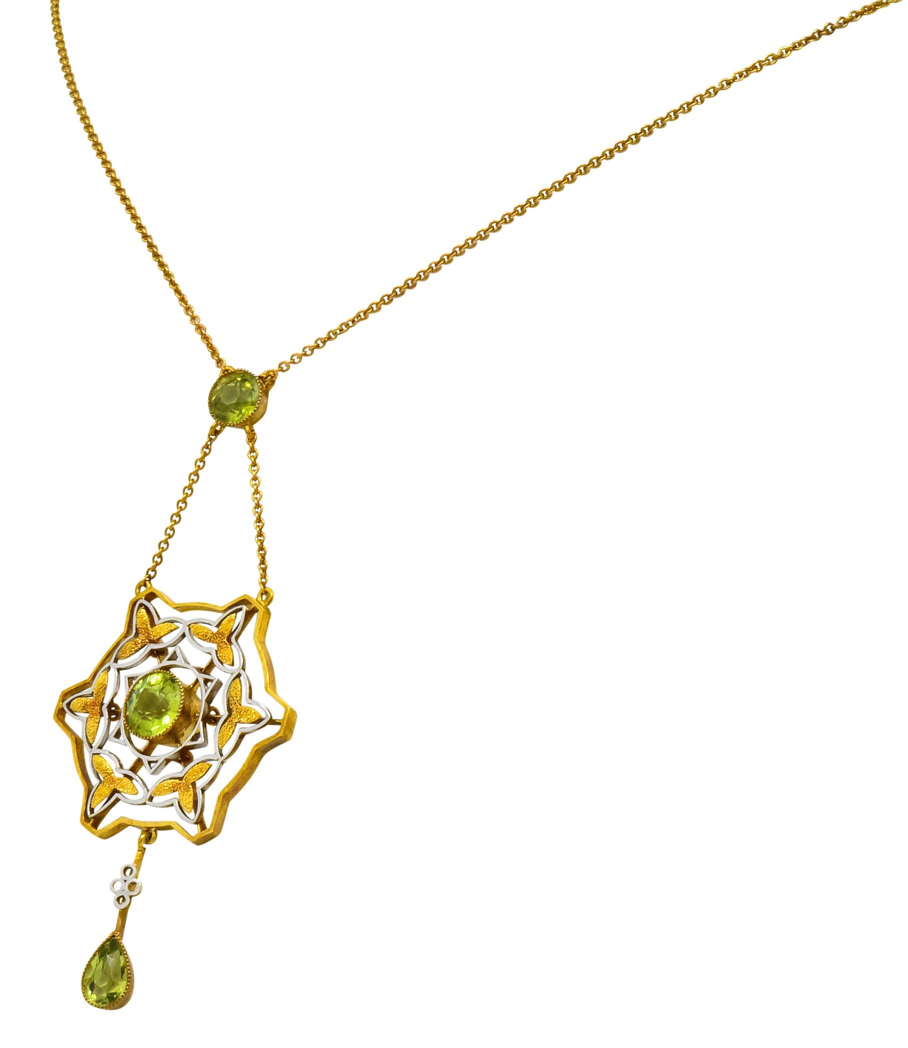Women's or Men's Art Nouveau 2.60 Carat Peridot Platinum 14 Karat Gold Drop Necklace