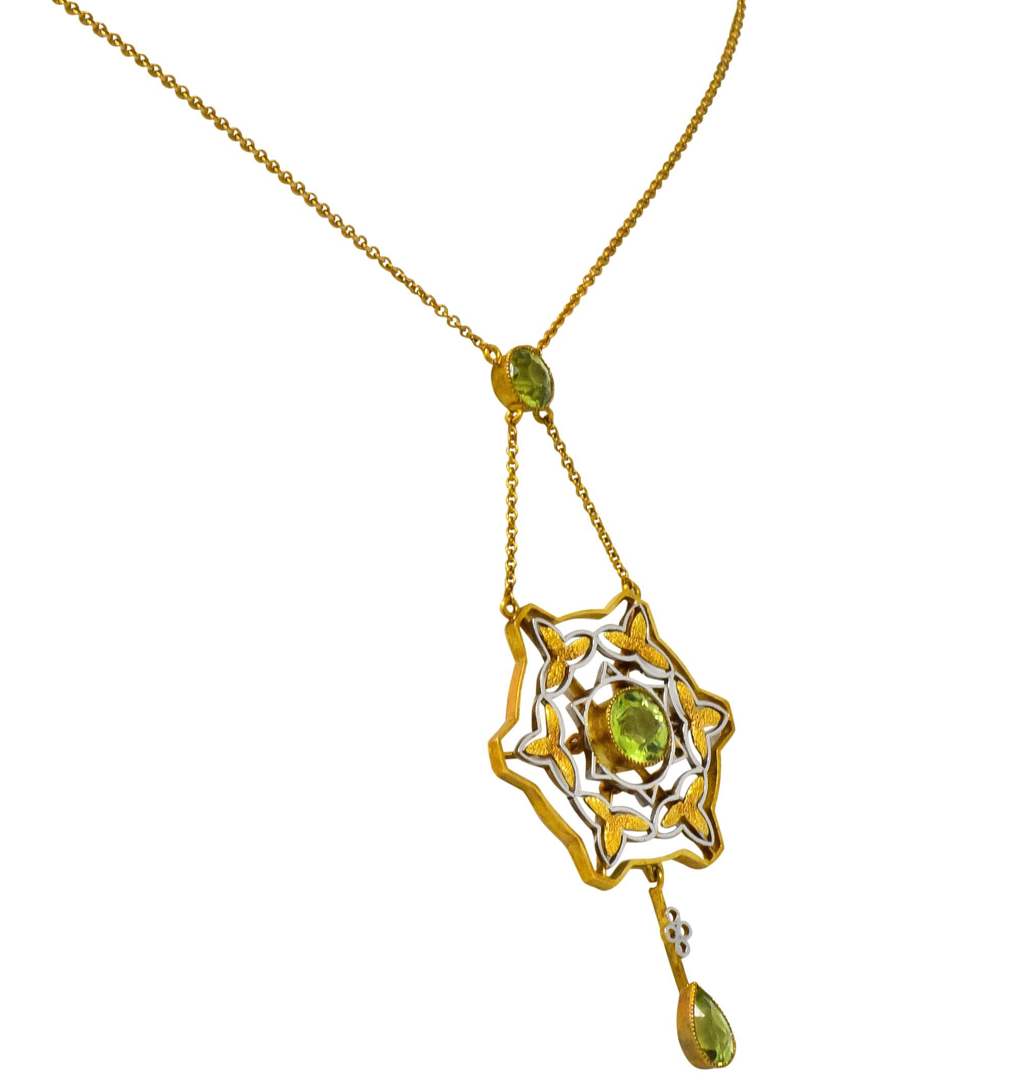 Art Nouveau 2.60 Carat Peridot Platinum 14 Karat Gold Drop Necklace 1