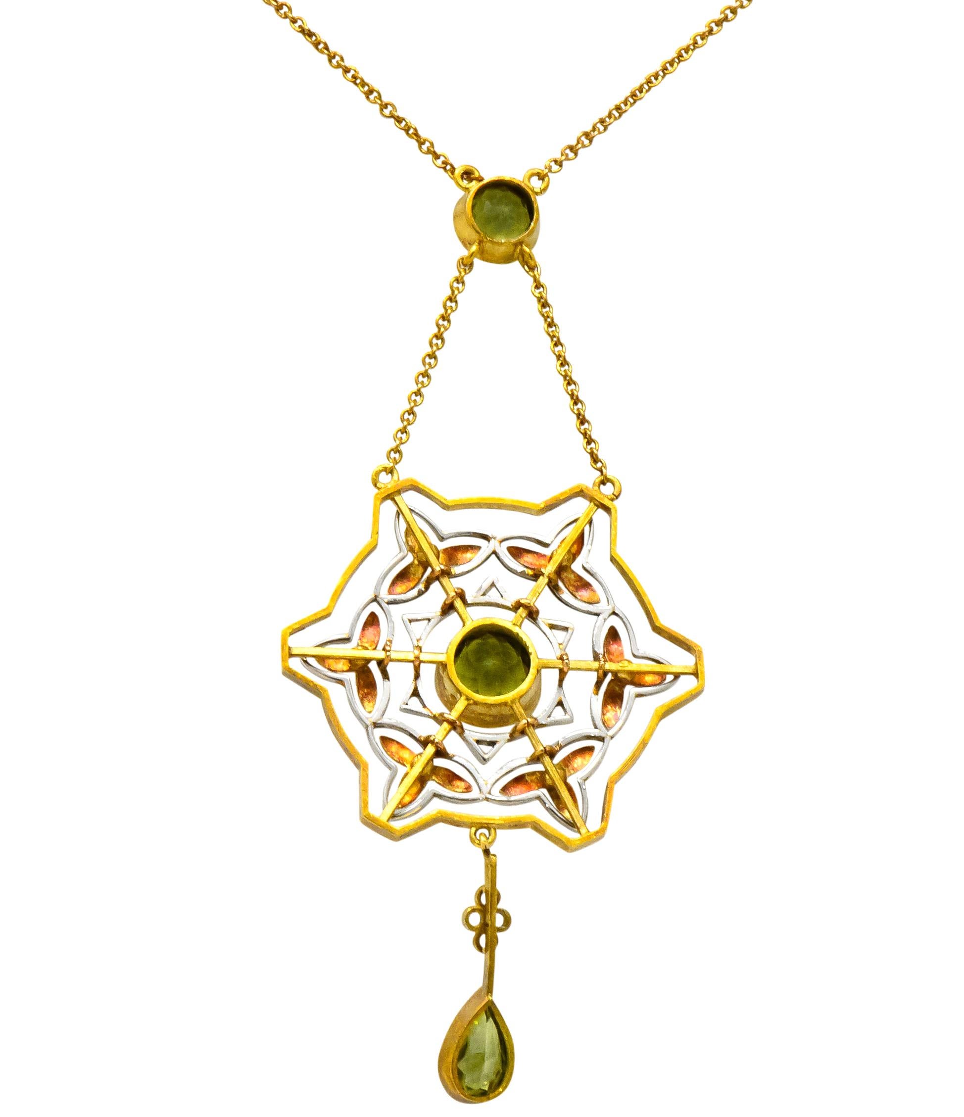 Art Nouveau 2.60 Carat Peridot Platinum 14 Karat Gold Drop Necklace 3