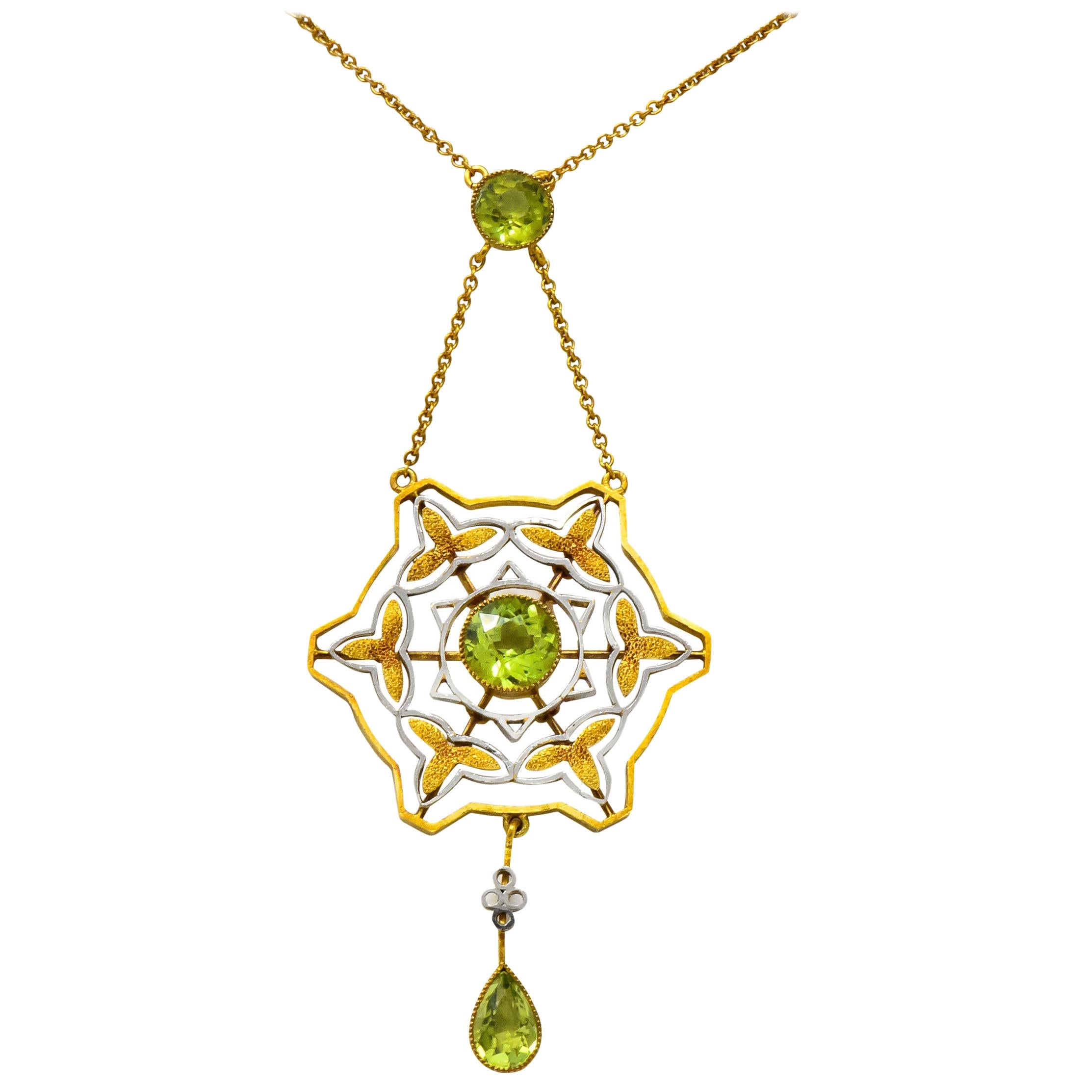Art Nouveau 2.60 Carat Peridot Platinum 14 Karat Gold Drop Necklace