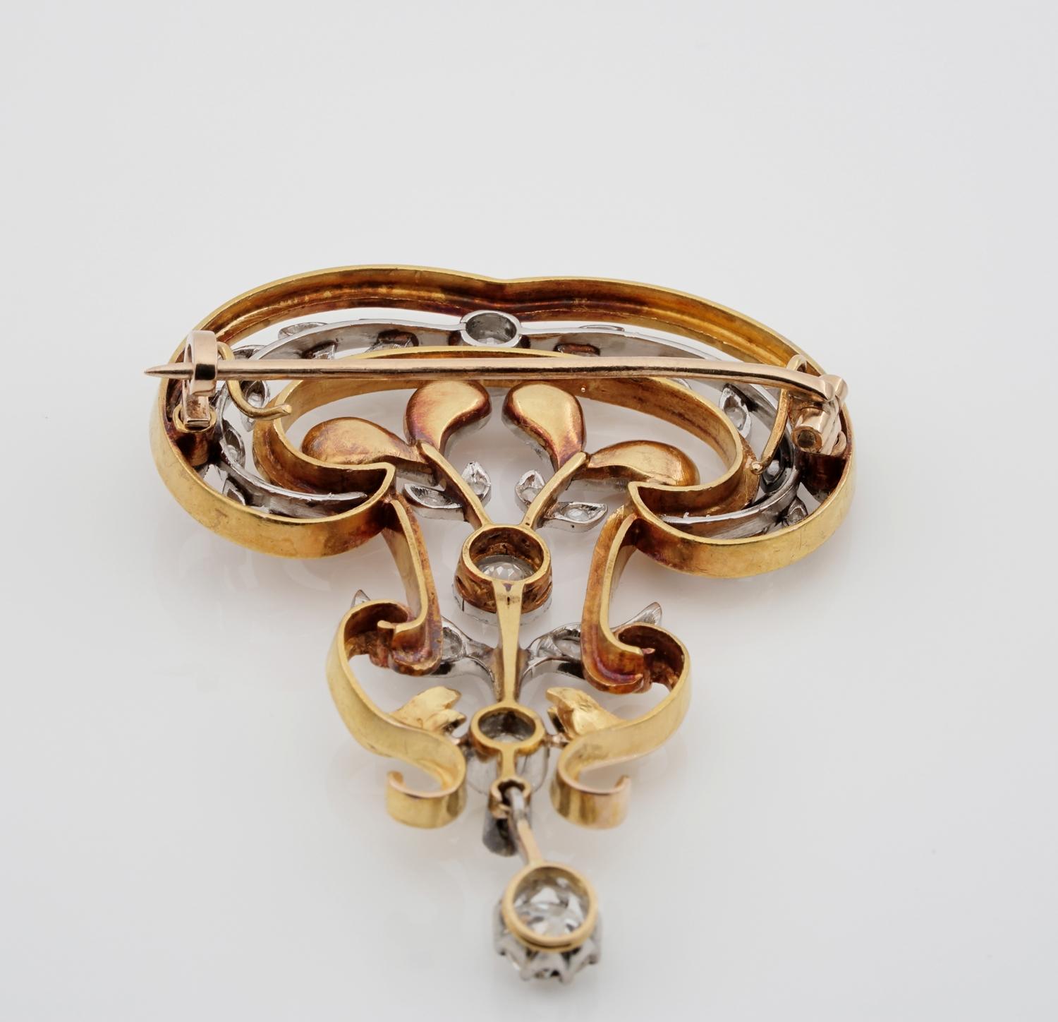 Art Nouveau 2.65 Ct Diamond 18KT Gold Platinum Brooch Pendant For Sale 6