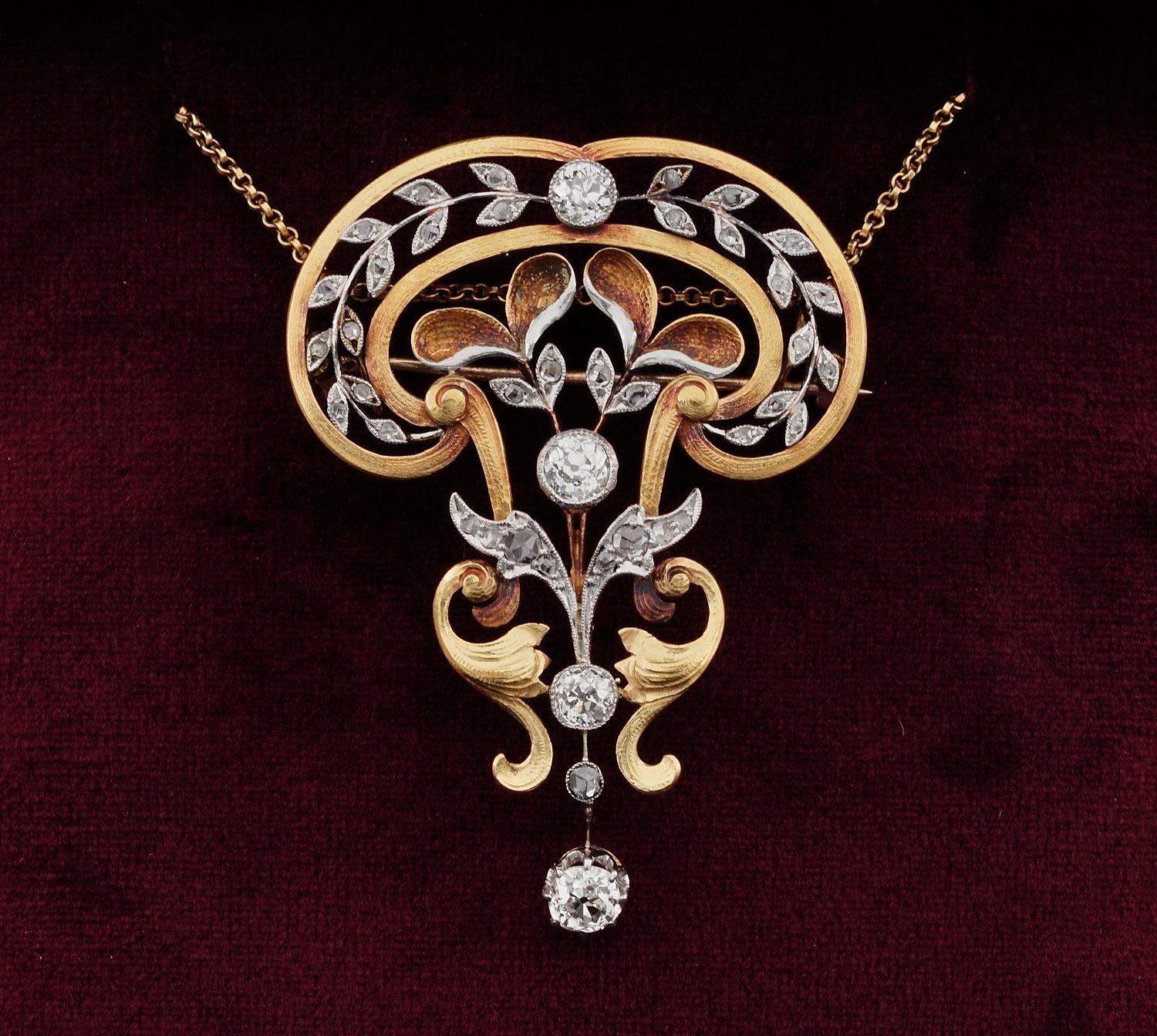 This impressive Art Nouveau Diamond brooch pendant is 1890 ca
Sensual, sinuous lines expertly carved from rich 18 KT gold, contrasted by Platinum portions, make this brooch pendant quite an unique and distinctive example
This antique work of art has