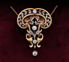 Art Nouveau 2.65 Ct Diamond 18KT Gold Platinum Brooch Pendant