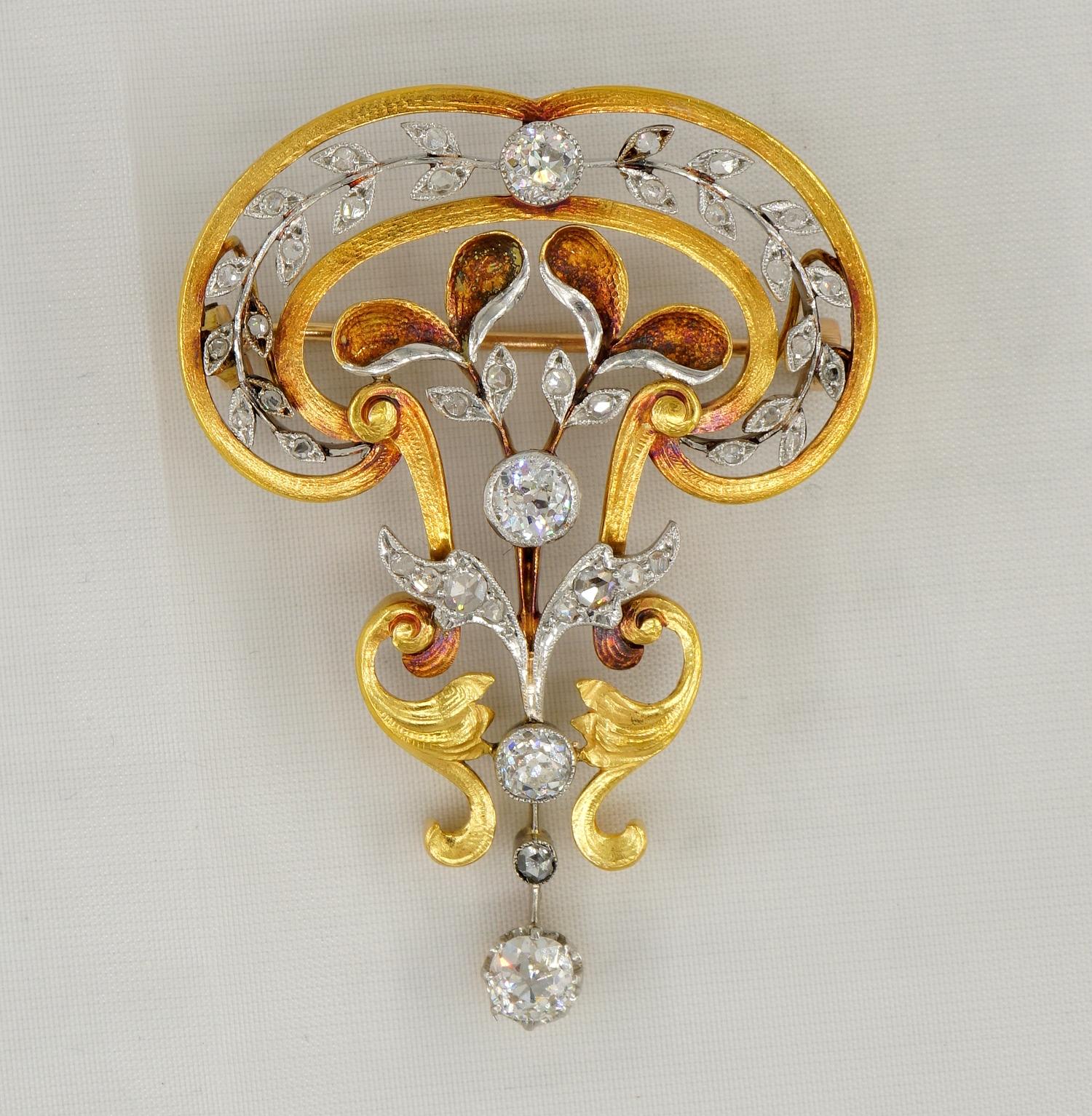 Old Mine Cut Art Nouveau 2.65 Ct Diamond 18KT Gold Platinum Brooch Pendant For Sale