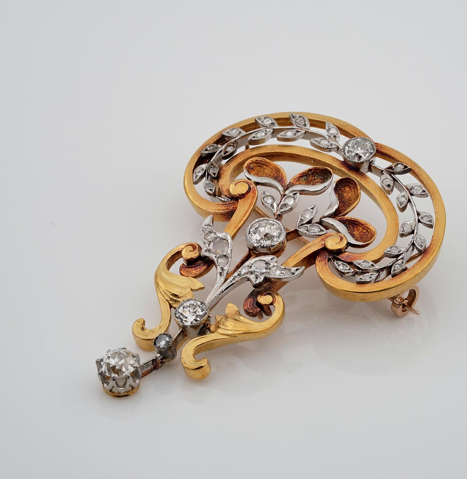 Art Nouveau 2.65 Ct Diamond 18KT Gold Platinum Brooch Pendant For Sale 4