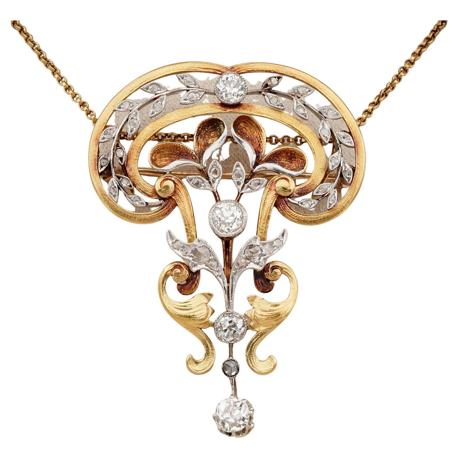 Art Nouveau 2.65 Ct Diamond 18KT Gold Platinum Brooch Pendant For Sale