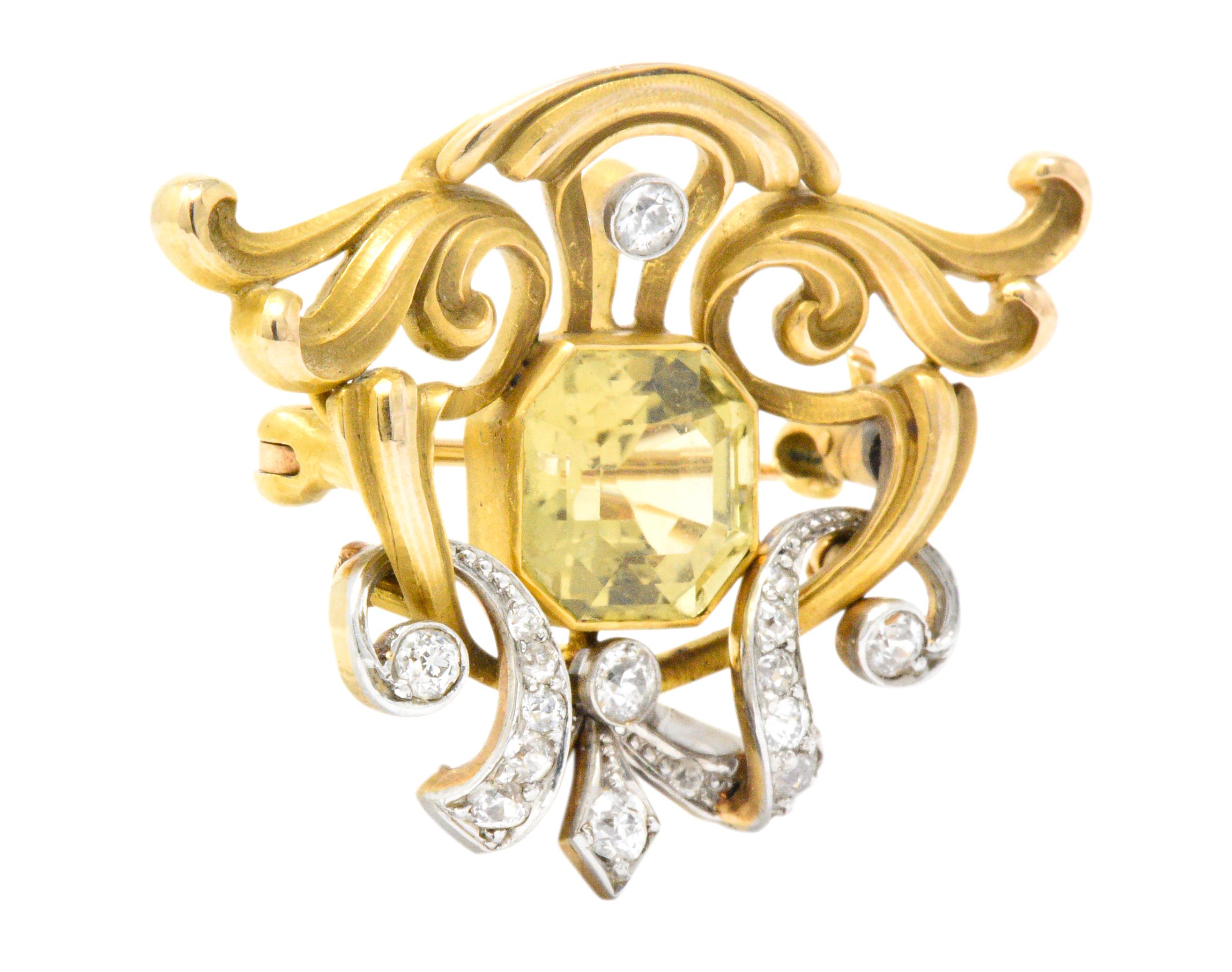 Art Nouveau 2.85 Carat Heliodor Diamond Platinum 14 Karat Gold Brooch In Excellent Condition In Philadelphia, PA