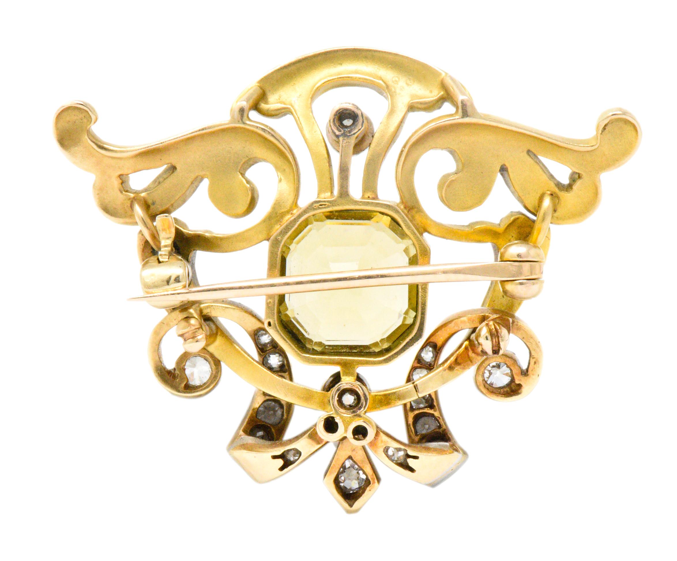 Art Nouveau 2.85 Carat Heliodor Diamond Platinum 14 Karat Gold Brooch 1